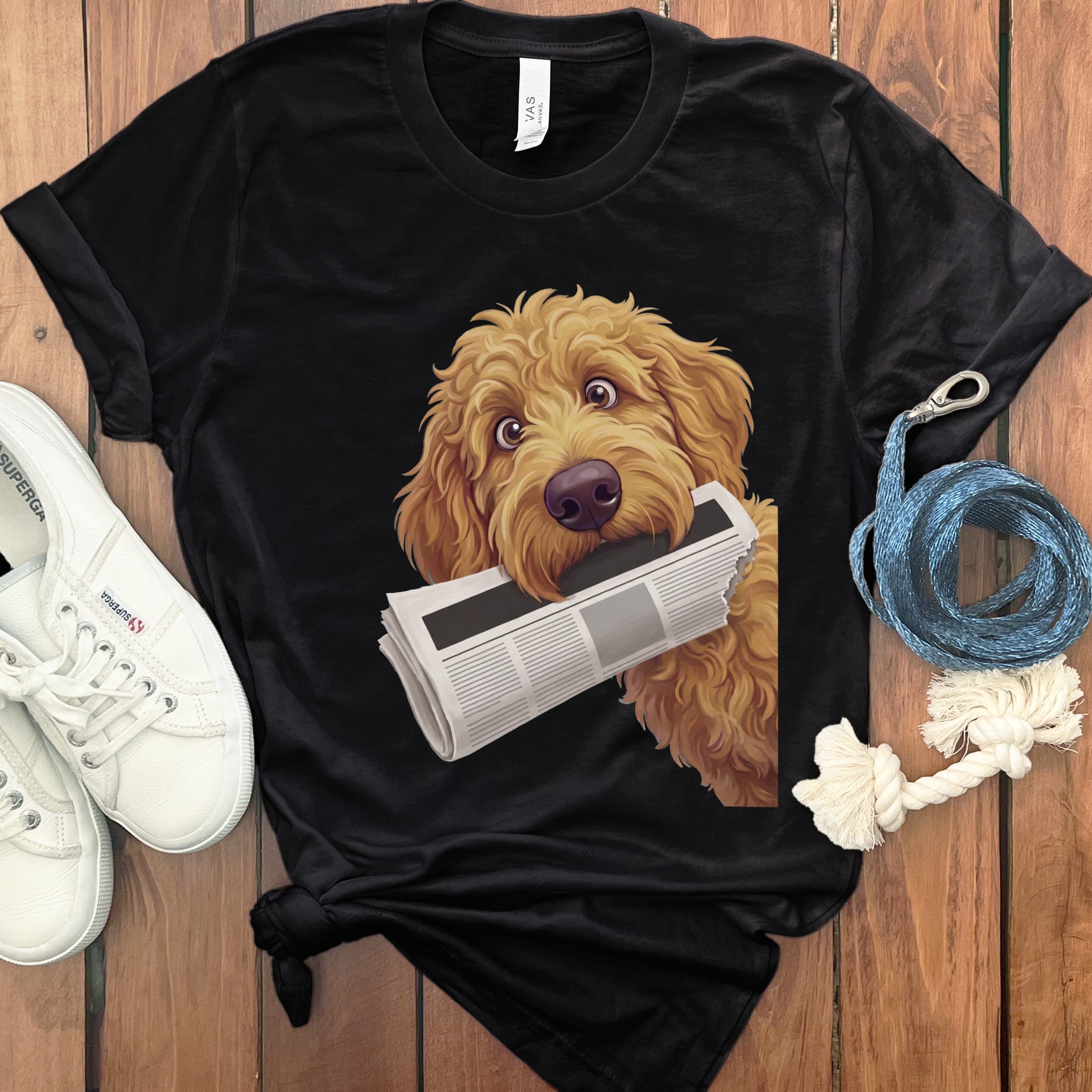 Apricot Goldendoodle Newspaper T-Shirt in Black / S by Puppy Jo