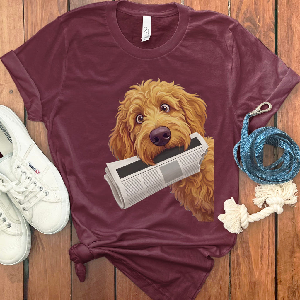 Apricot Goldendoodle Newspaper T-Shirt in Maroon / S by Puppy Jo