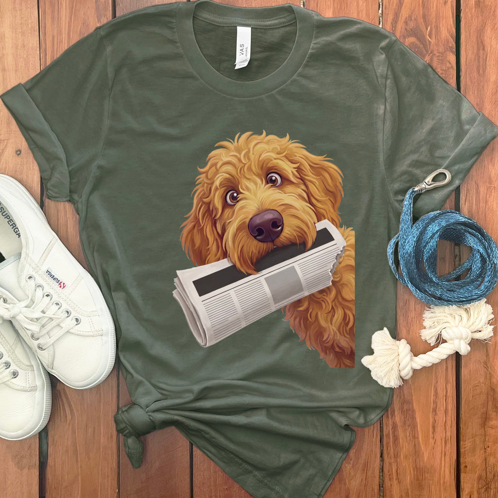Apricot Goldendoodle Newspaper T-Shirt in Military Green / S by Puppy Jo