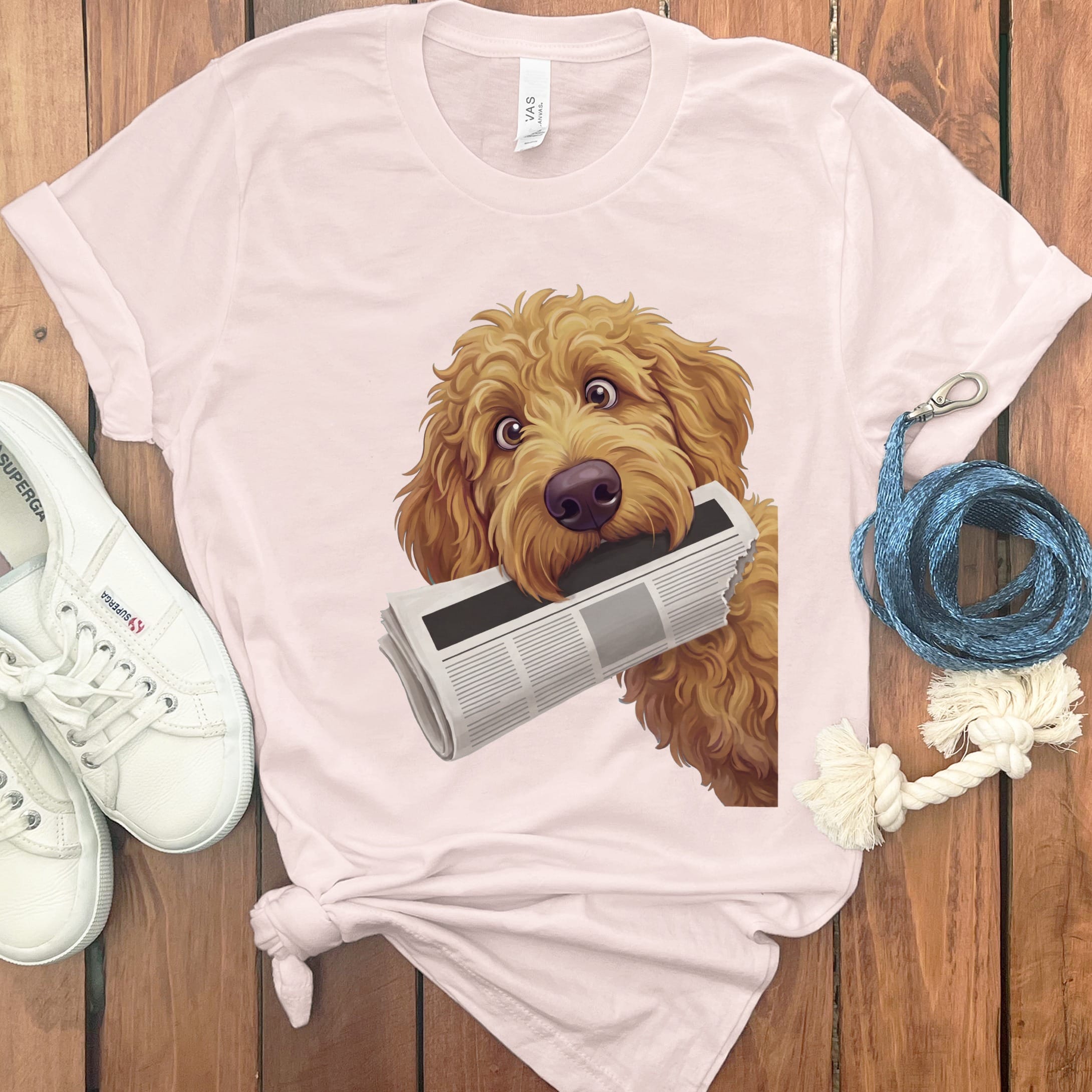 Apricot Goldendoodle Newspaper T-Shirt in Soft Pink / S by Puppy Jo