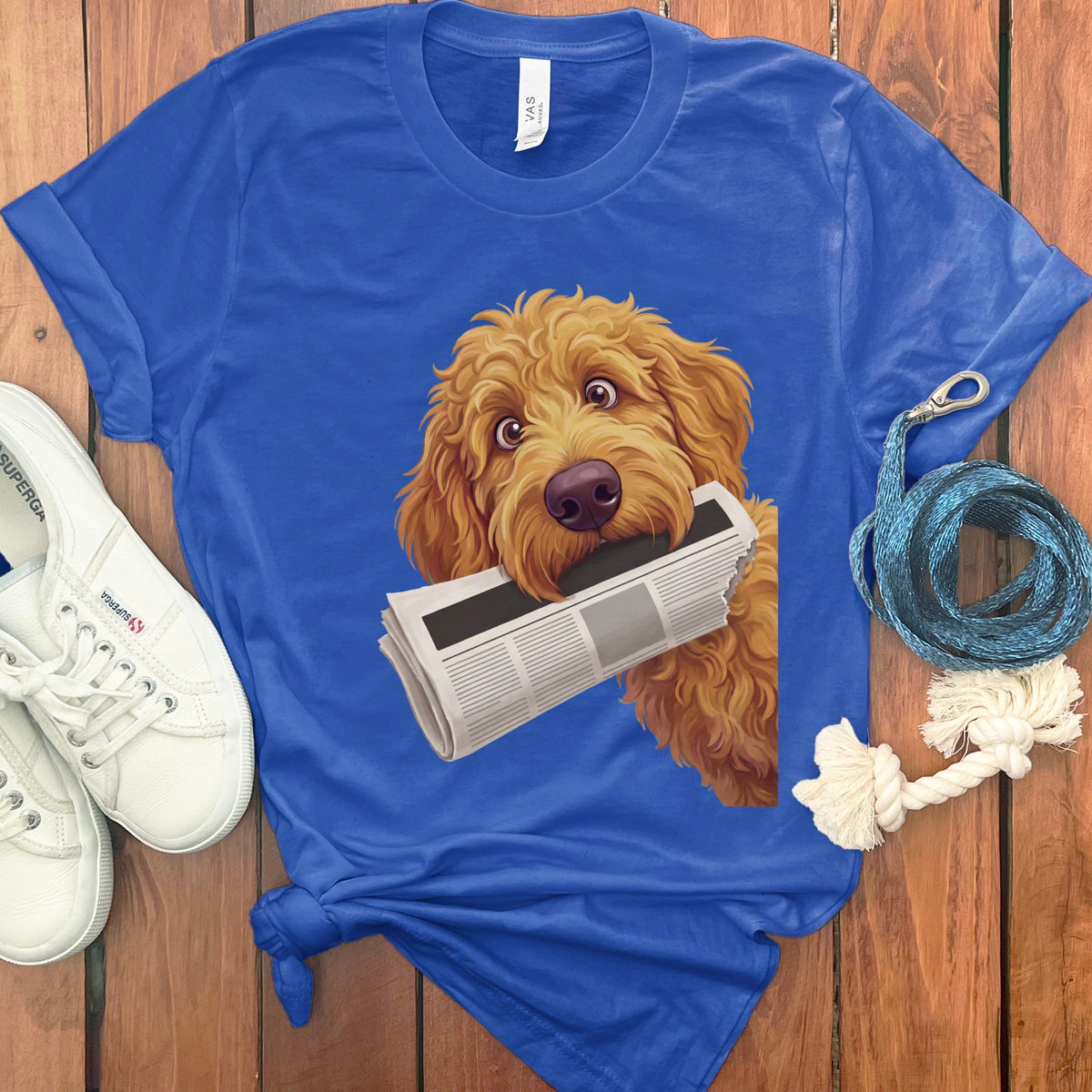 Apricot Goldendoodle Newspaper T-Shirt in True Royal / S by Puppy Jo