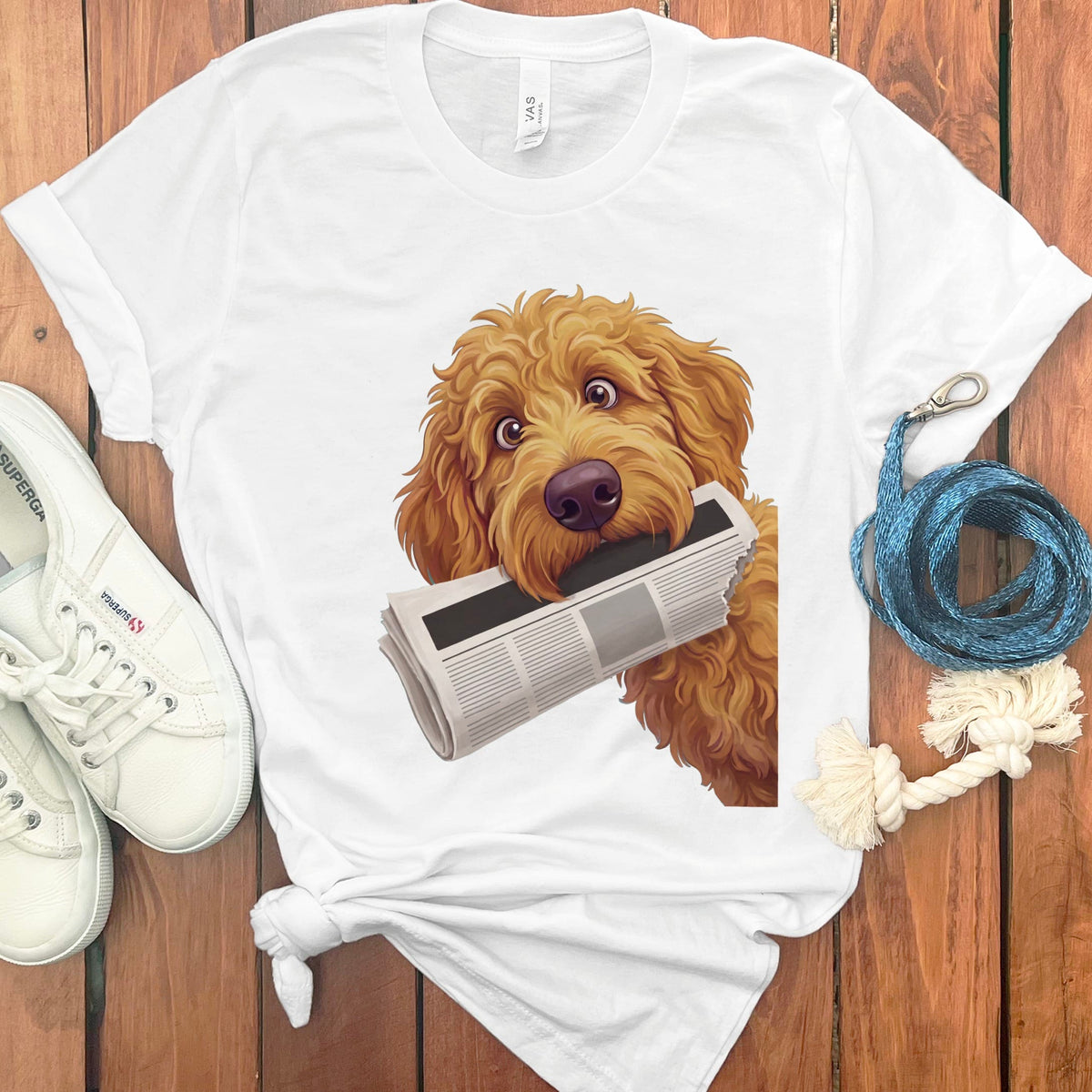 Apricot Goldendoodle Newspaper T-Shirt in White / S by Puppy Jo
