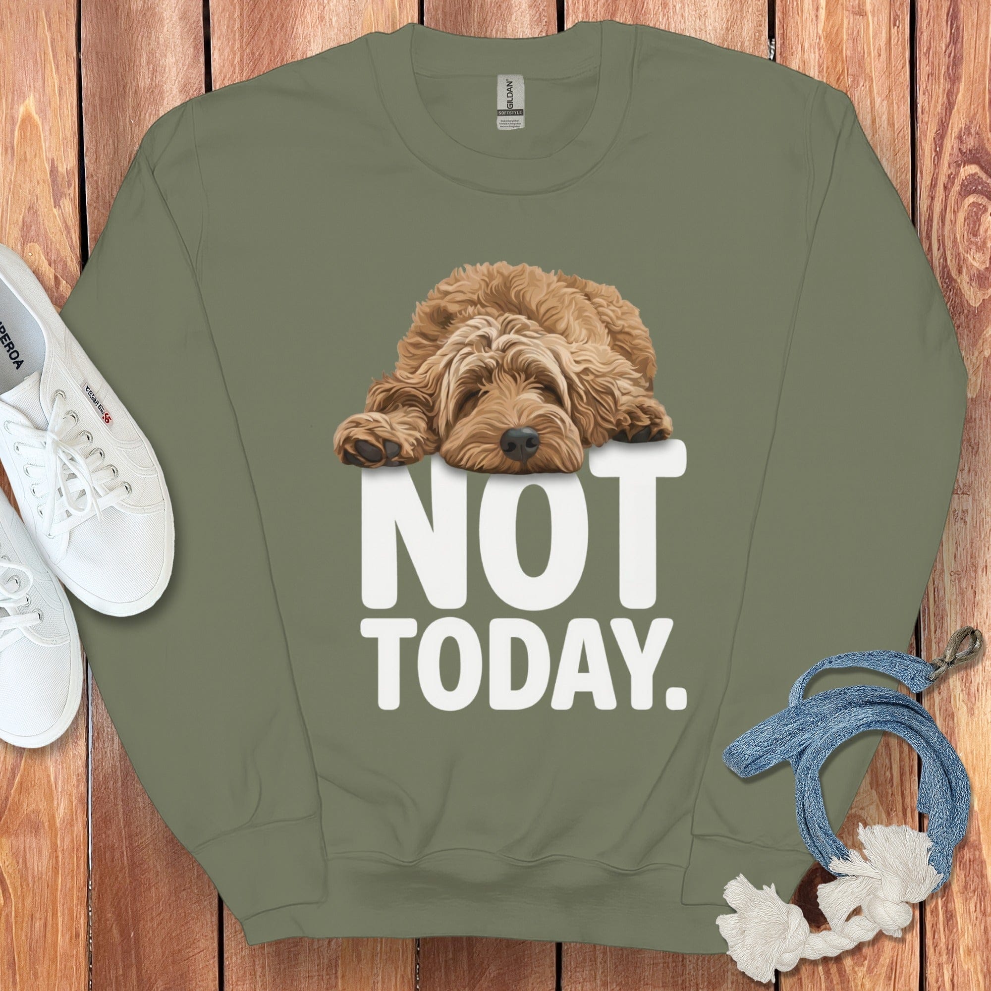 Apricot Goldendoodle Not Today Sweatshirt in Military Green / S by Puppy Jo
