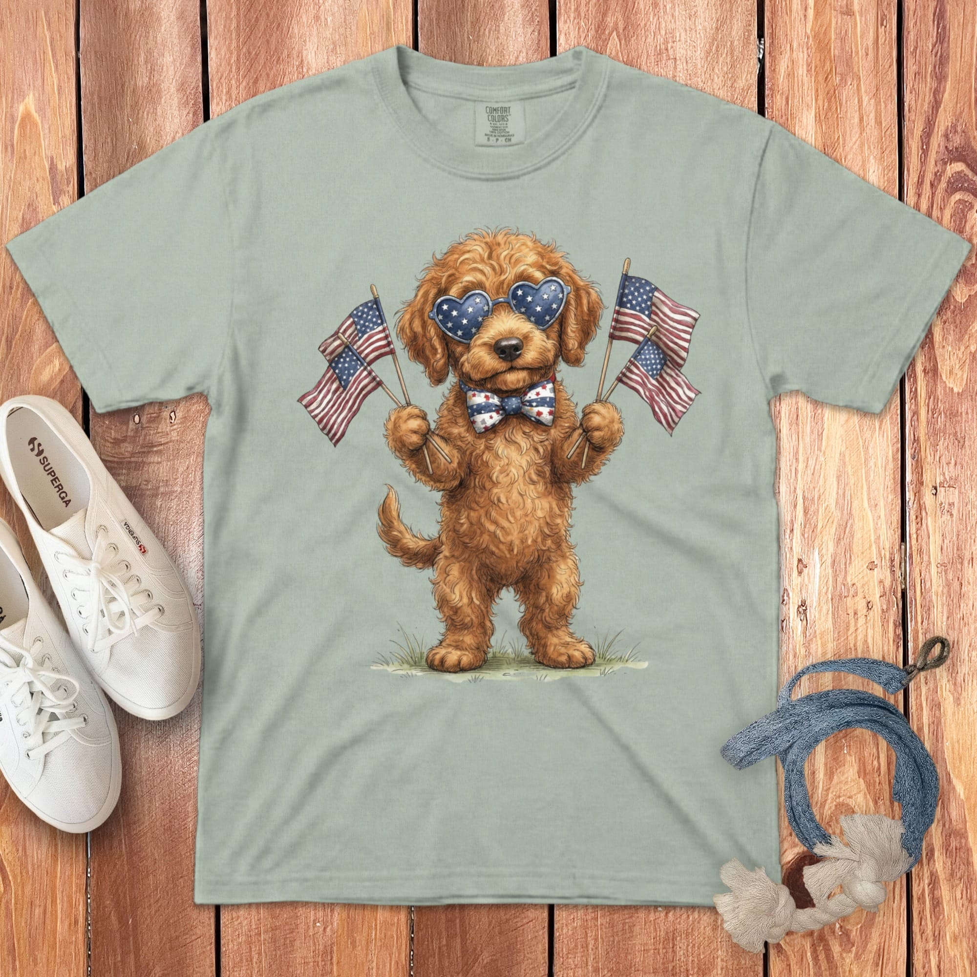 Apricot Goldendoodle Patriotic Celebration Signature T-Shirt in Bay / S by Puppy Jo