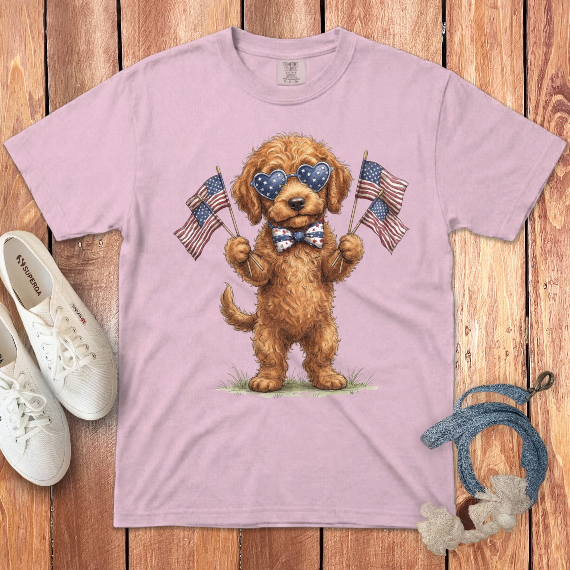 Apricot Goldendoodle Patriotic Celebration Signature T-Shirt in Blossom / S by Puppy Jo