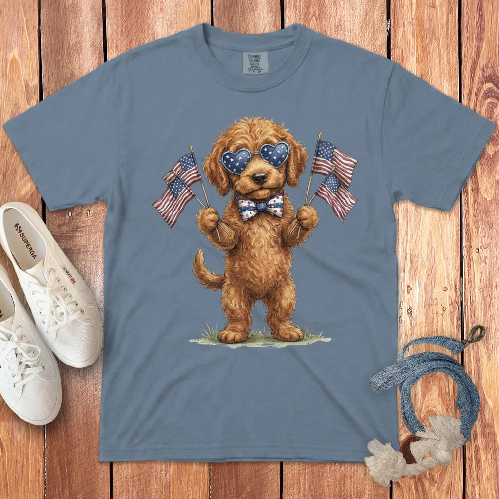 Apricot Goldendoodle Patriotic Celebration Signature T-Shirt in Blue Jean / S by Puppy Jo