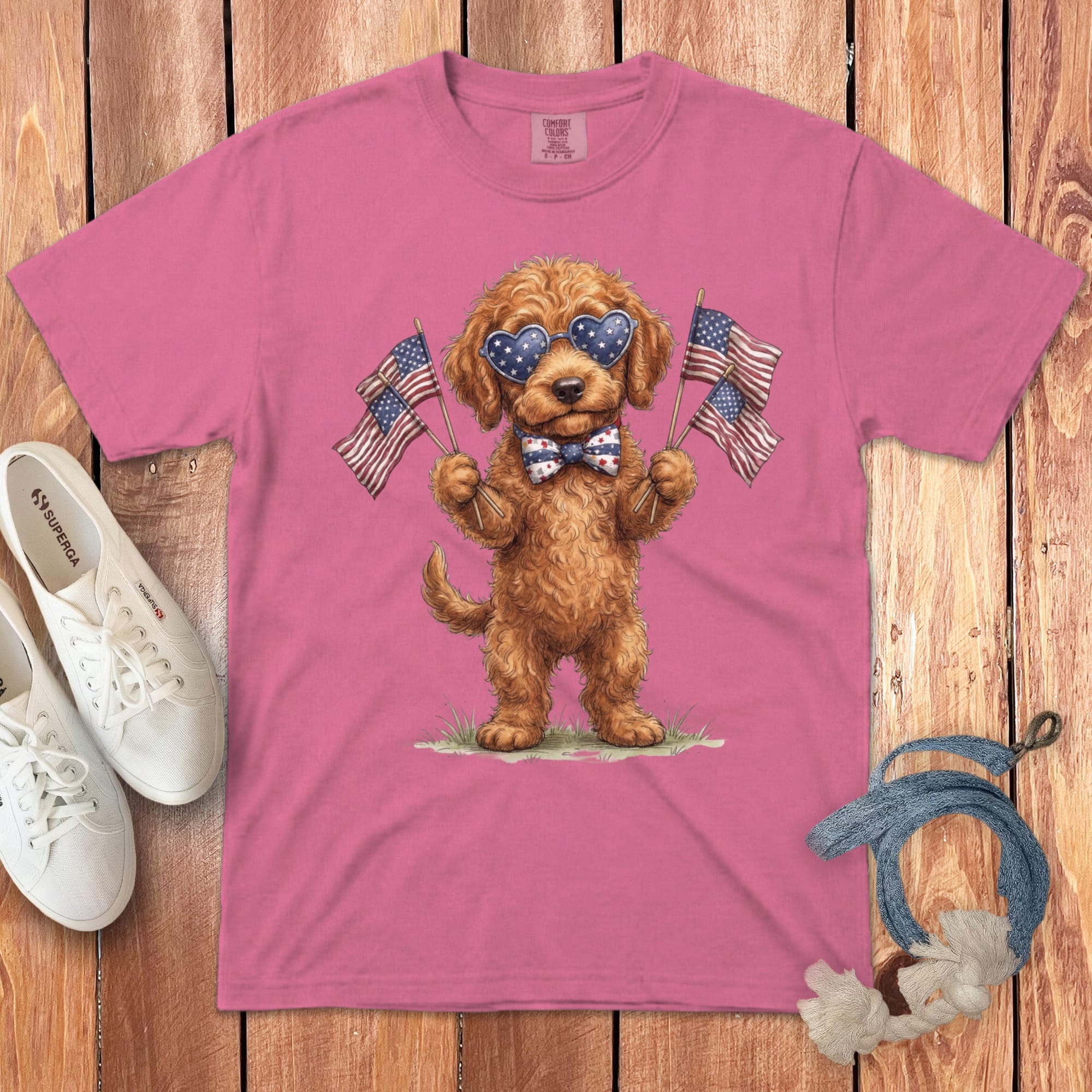 Apricot Goldendoodle Patriotic Celebration Signature T-Shirt in Crunchberry / S by Puppy Jo