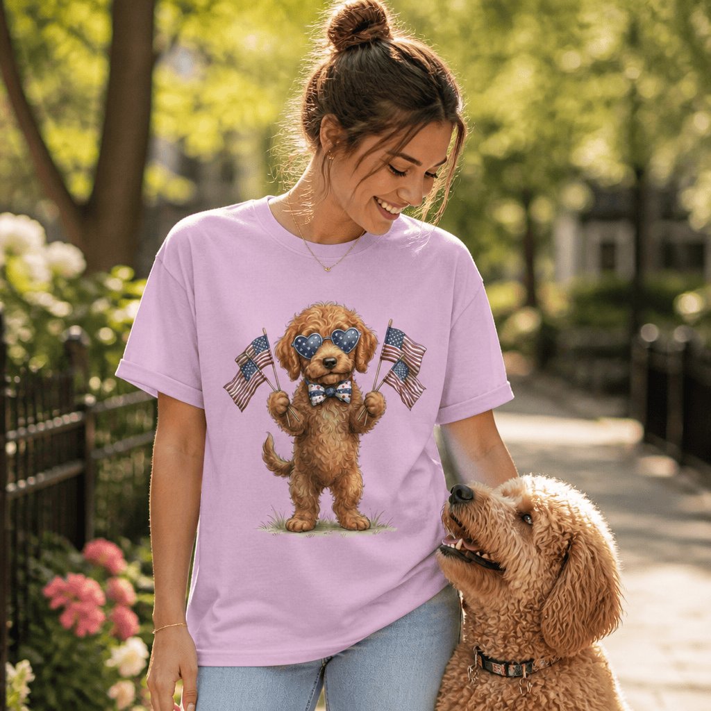 Apricot Goldendoodle Patriotic Celebration Signature T-Shirt in by Puppy Jo