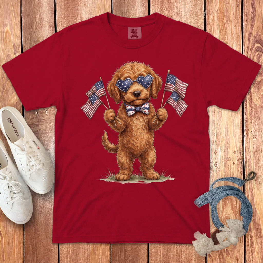 Apricot Goldendoodle Patriotic Celebration Signature T-Shirt in Red / S by Puppy Jo