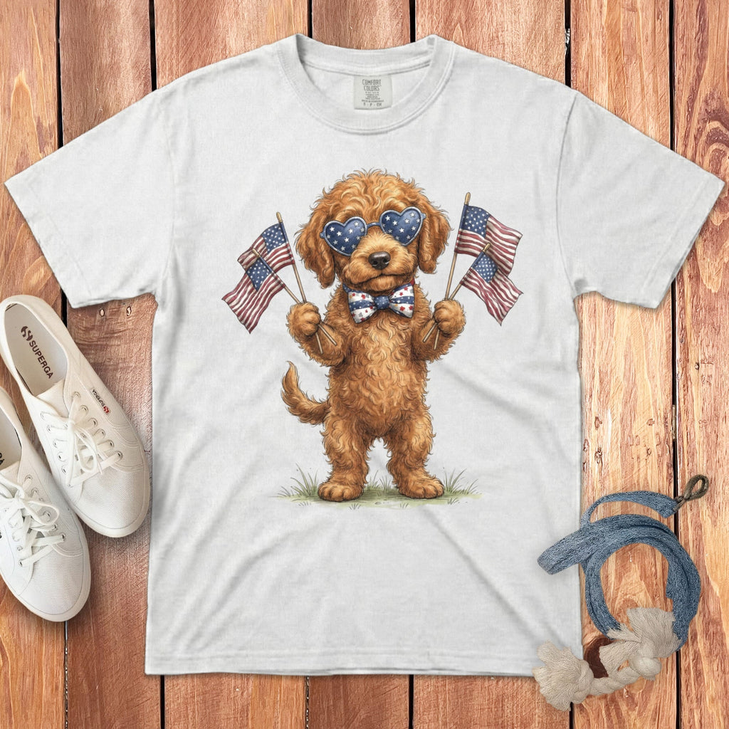Apricot Goldendoodle Patriotic Celebration Signature T-Shirt in White / S by Puppy Jo