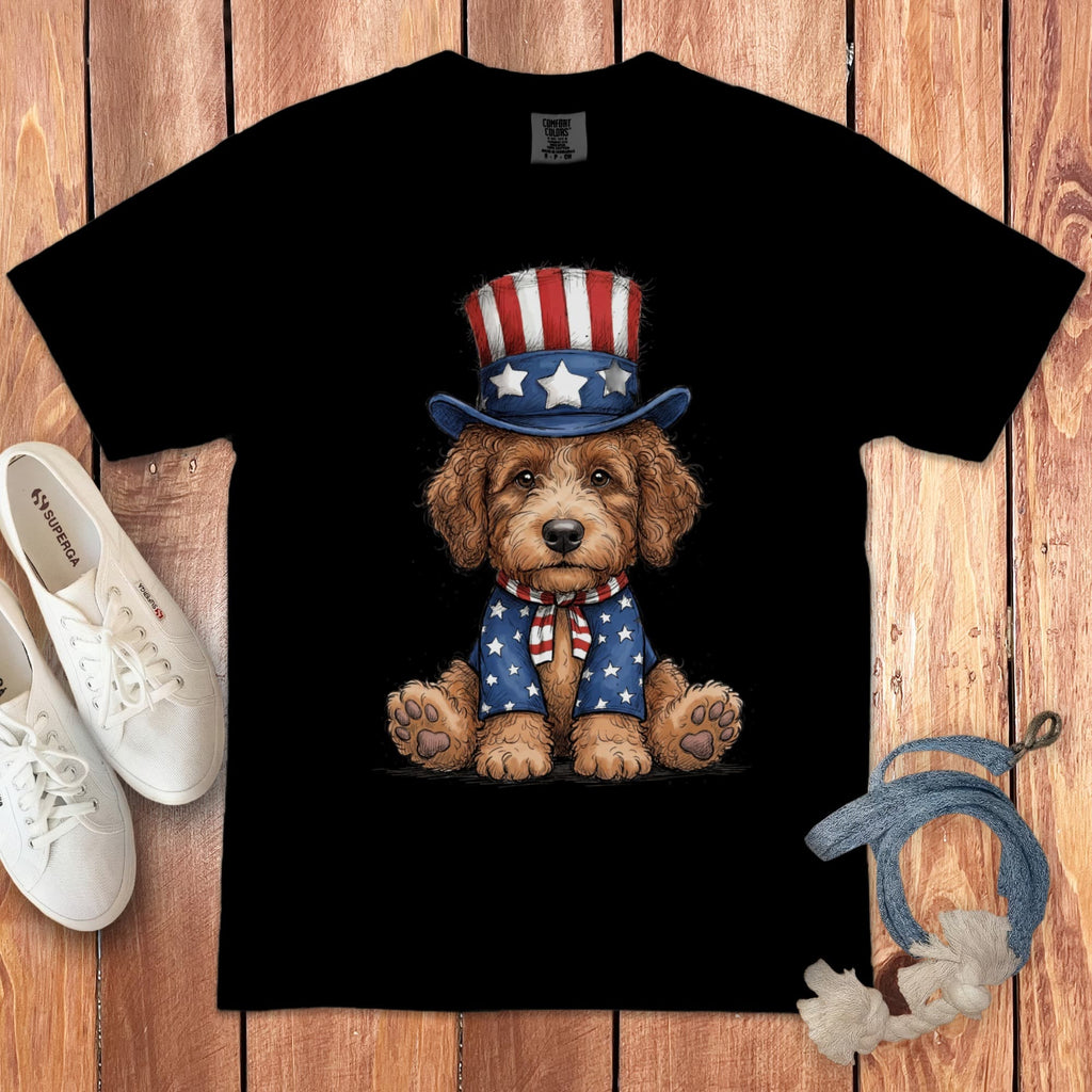 Apricot Goldendoodle Patriotic Hat Signature T-Shirt in Black / S by Puppy Jo