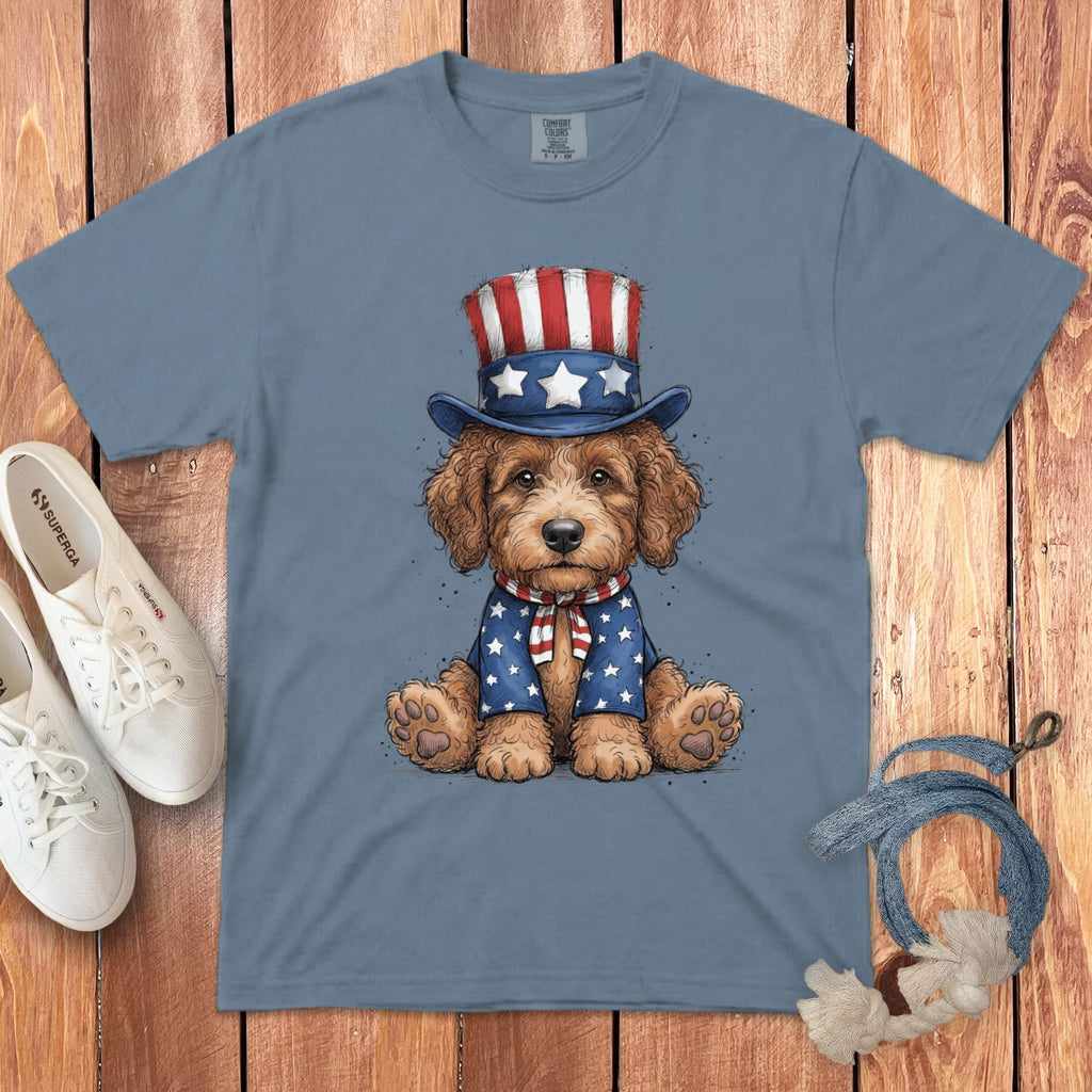 Apricot Goldendoodle Patriotic Hat Signature T-Shirt in Blue Jean / S by Puppy Jo