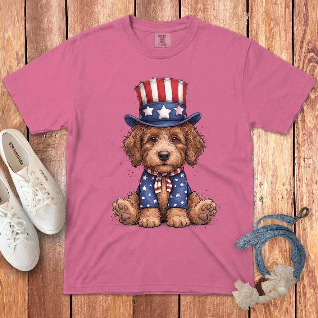 Apricot Goldendoodle Patriotic Hat Signature T-Shirt in Crunchberry / S by Puppy Jo