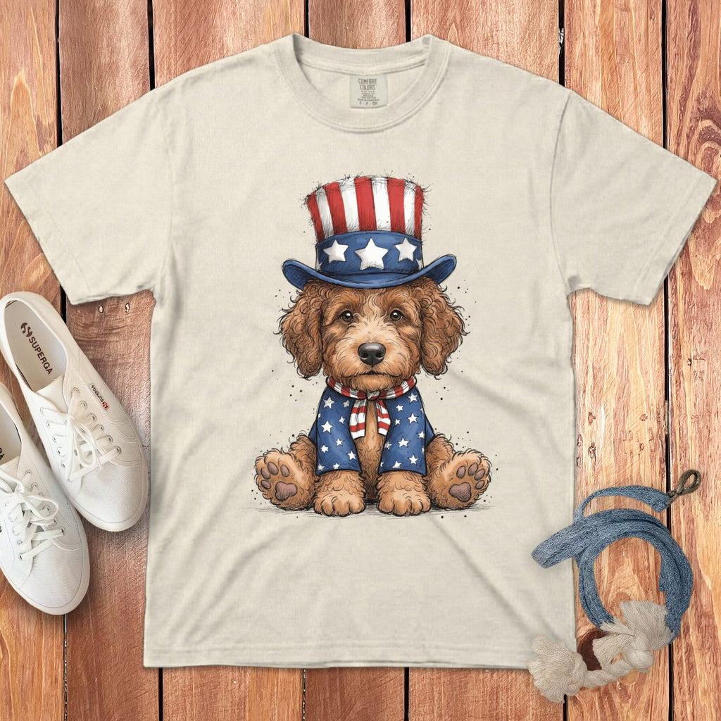 Apricot Goldendoodle Patriotic Hat Signature T-Shirt in Ivory / S by Puppy Jo