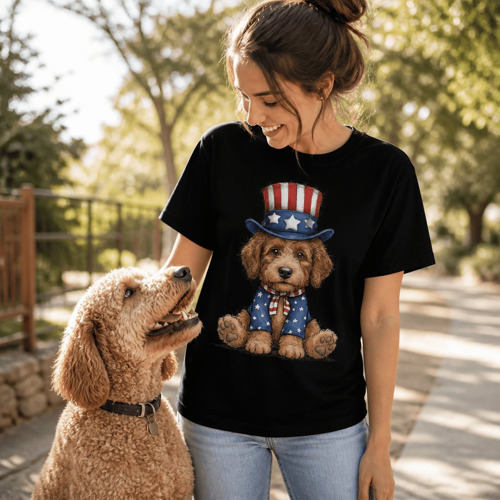 Apricot Goldendoodle Patriotic Hat Signature T-Shirt in by Puppy Jo