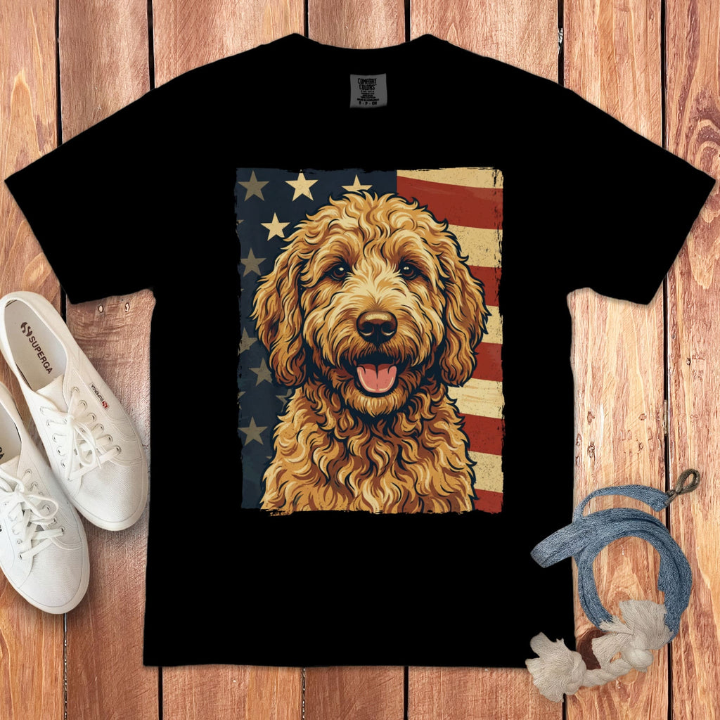 Apricot Goldendoodle Patriotic Signature T-Shirt in Black / S by Puppy Jo