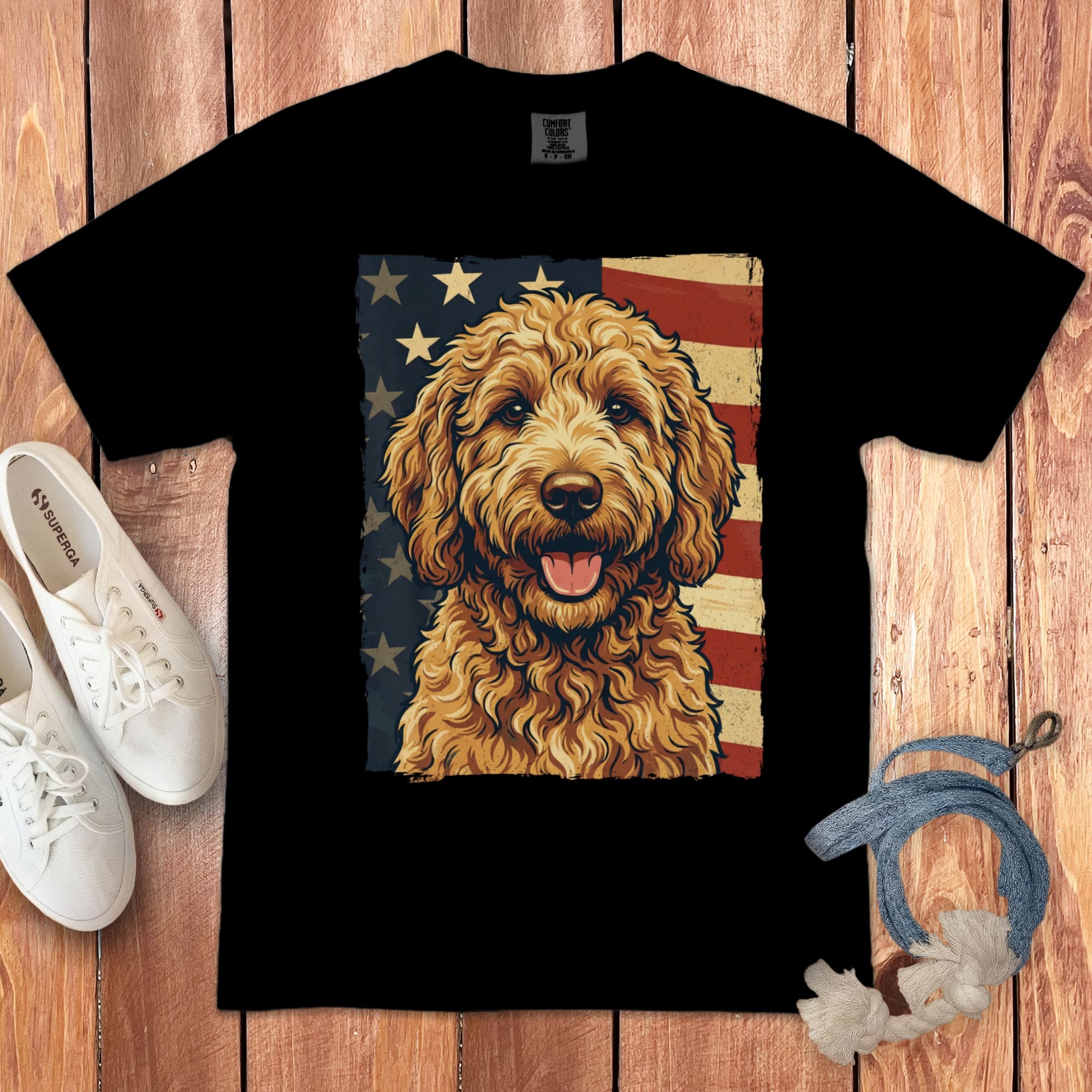 Apricot Goldendoodle Patriotic Signature T-Shirt in Black / S by Puppy Jo