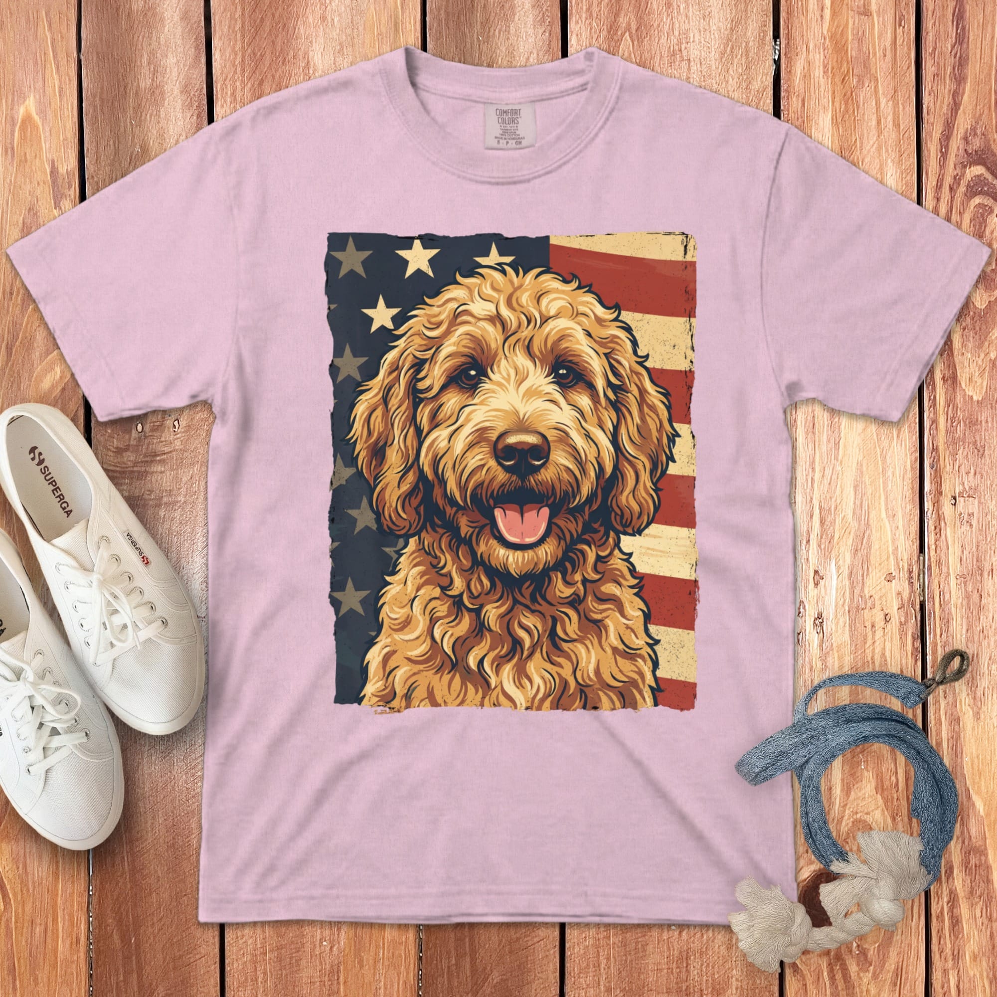 Apricot Goldendoodle Patriotic Signature T-Shirt in Blossom / S by Puppy Jo