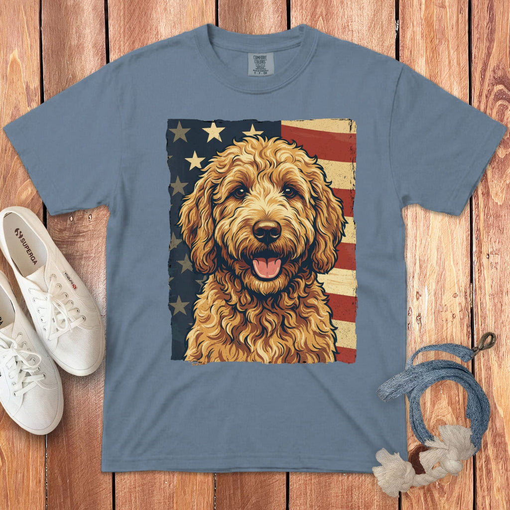 Apricot Goldendoodle Patriotic Signature T-Shirt in Blue Jean / S by Puppy Jo