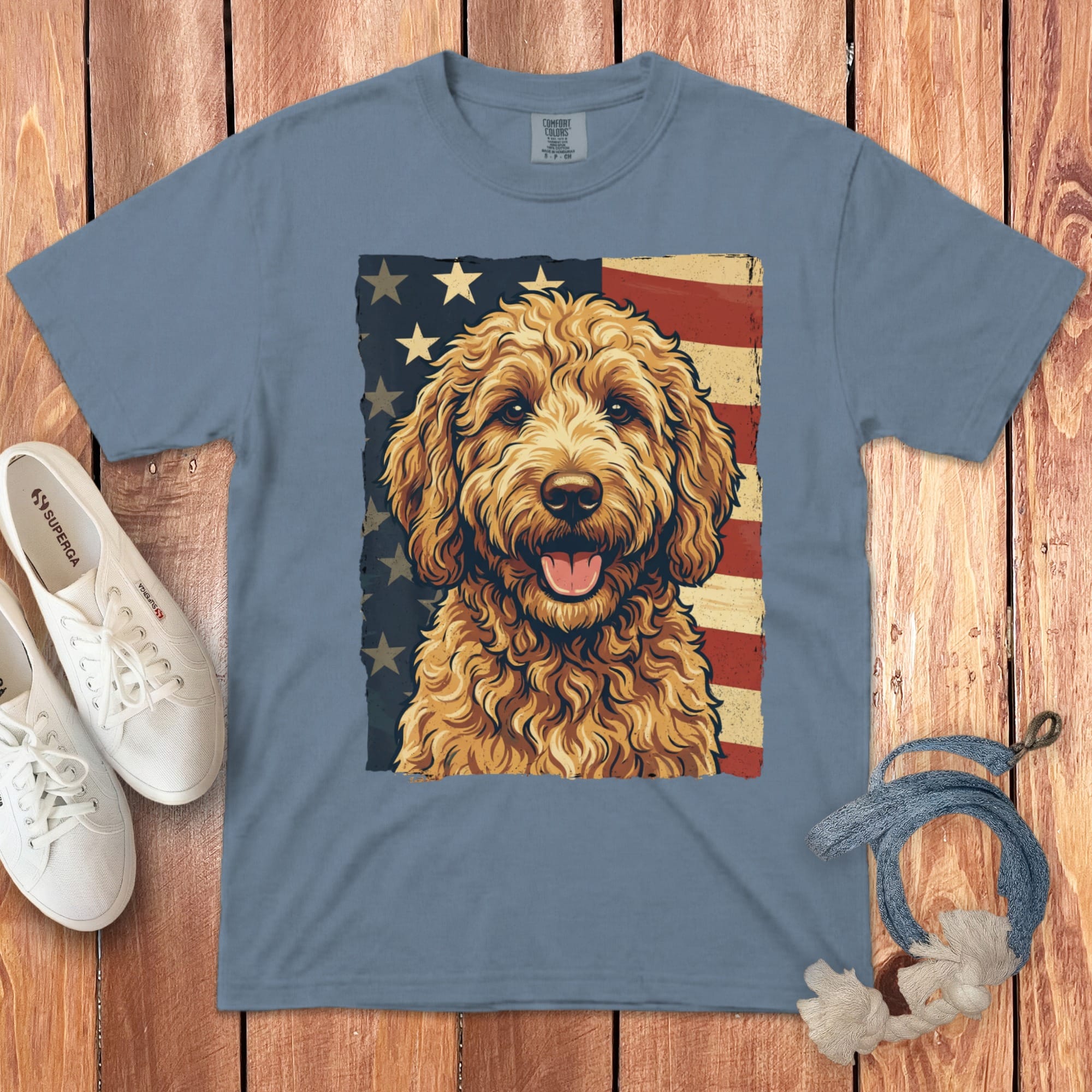 Apricot Goldendoodle Patriotic Signature T-Shirt in Blue Jean / S by Puppy Jo