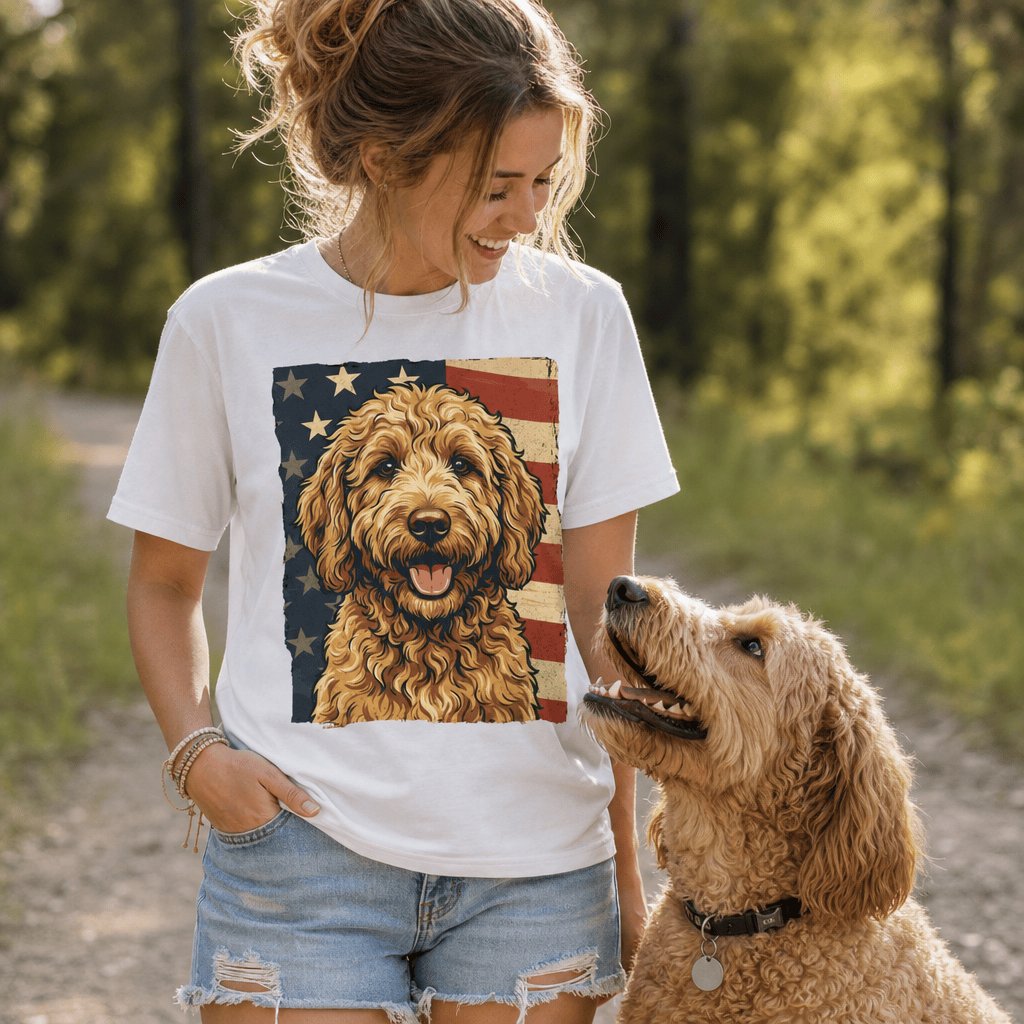 Apricot Goldendoodle Patriotic Signature T-Shirt in by Puppy Jo