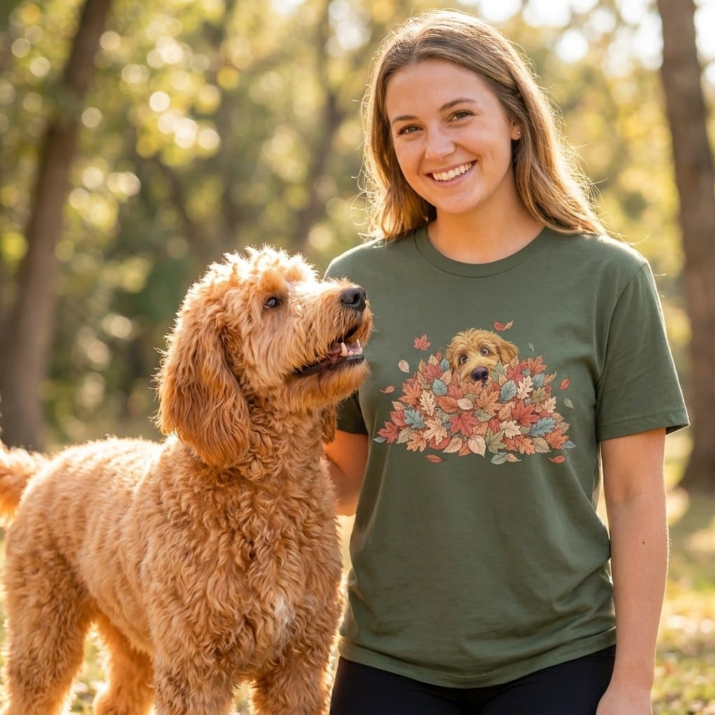 Apricot Goldendoodle Peeking Leaf Pile T-Shirt in by Puppy Jo