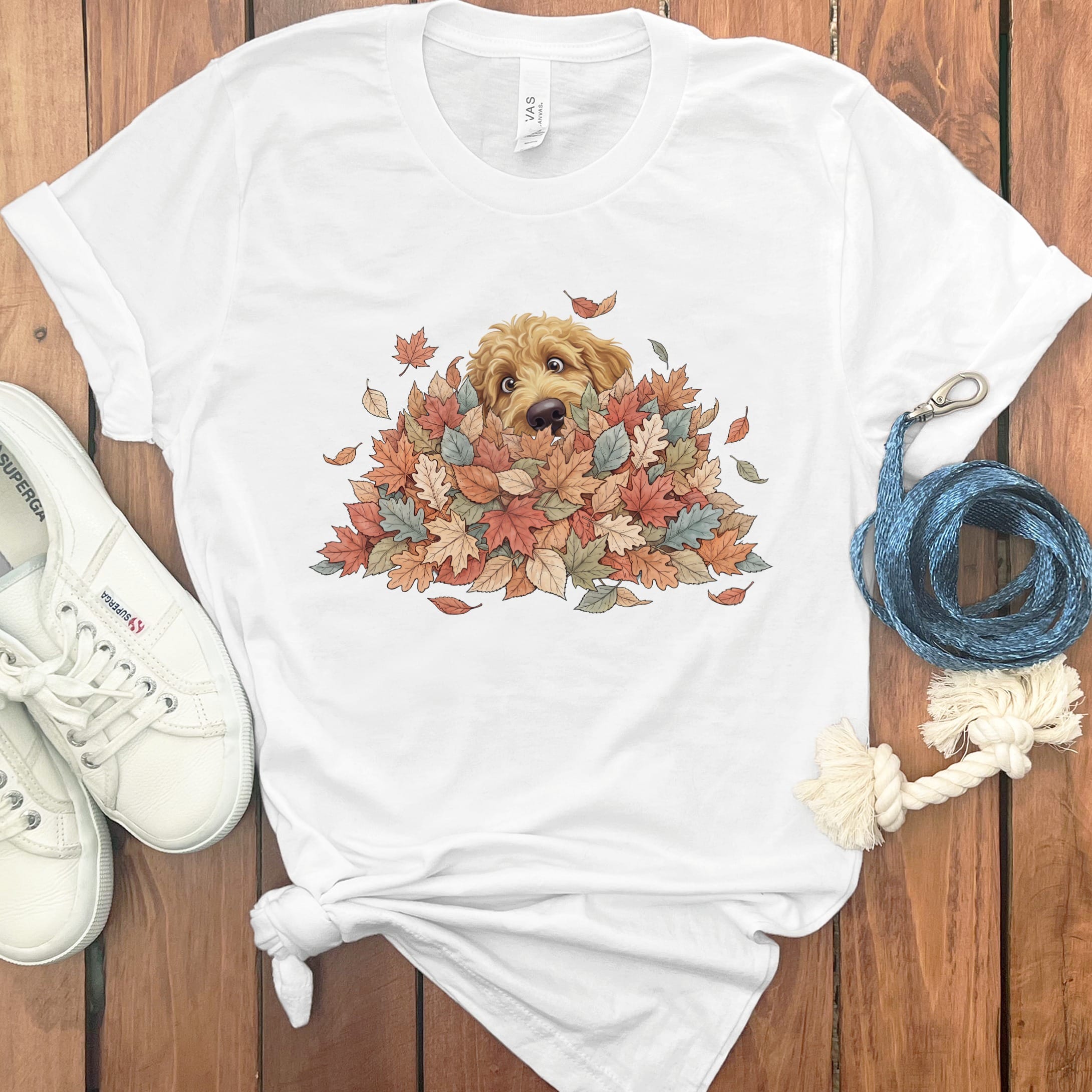 Apricot Goldendoodle Peeking Leaf Pile T-Shirt in White / S by Puppy Jo