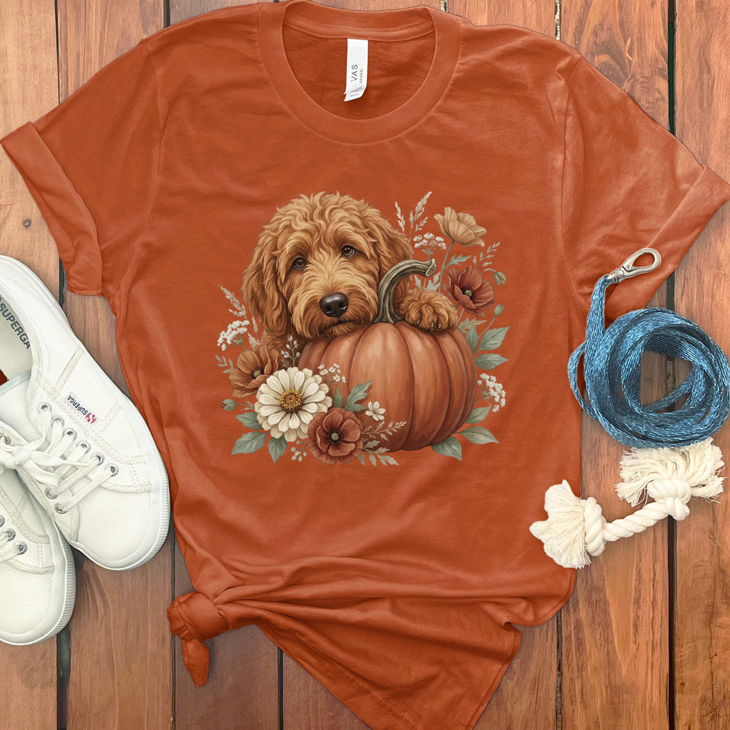 Apricot Goldendoodle Pumpkin Hug T-Shirt in Autumn / S by Puppy Jo