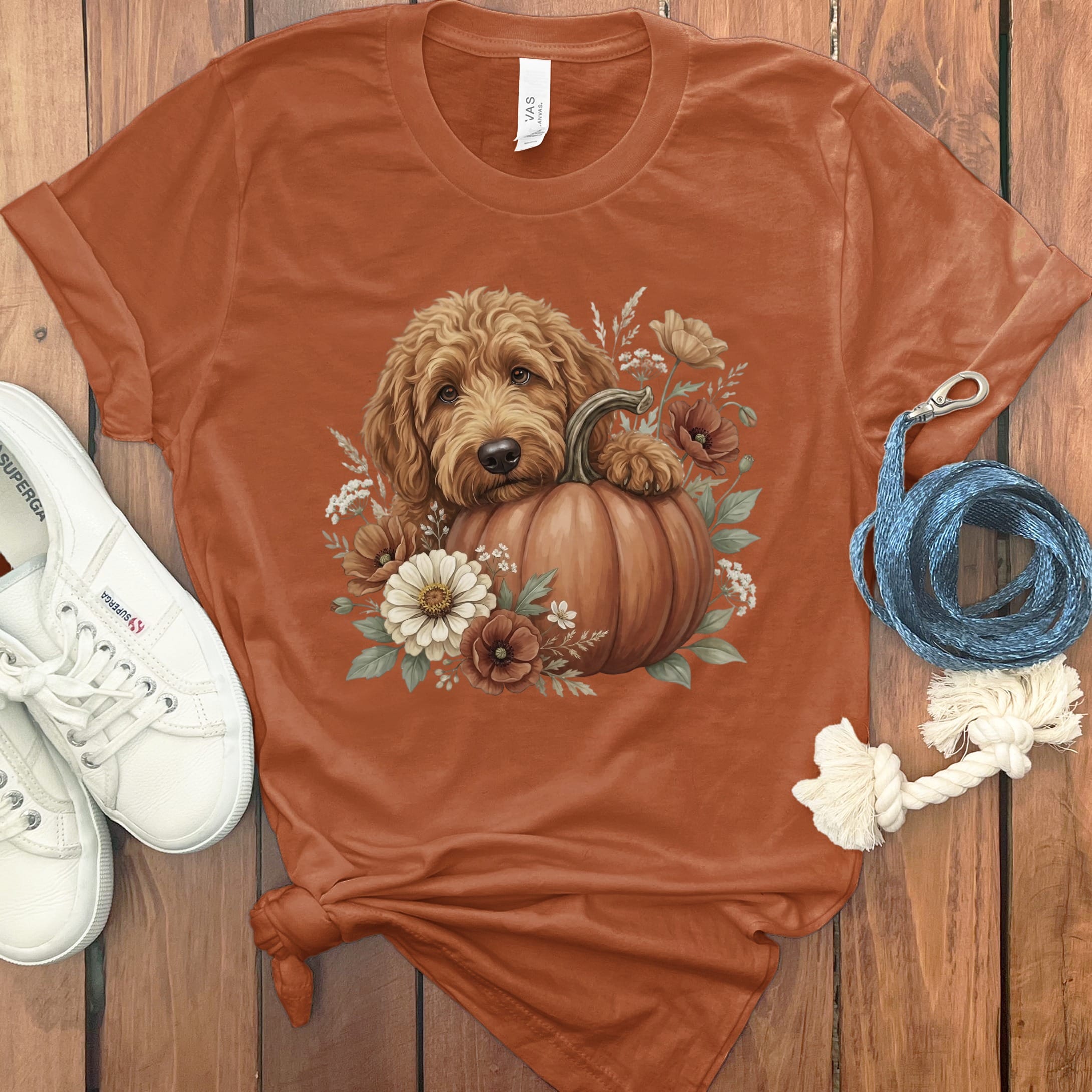 Apricot Goldendoodle Pumpkin Hug T-Shirt in Autumn / S by Puppy Jo