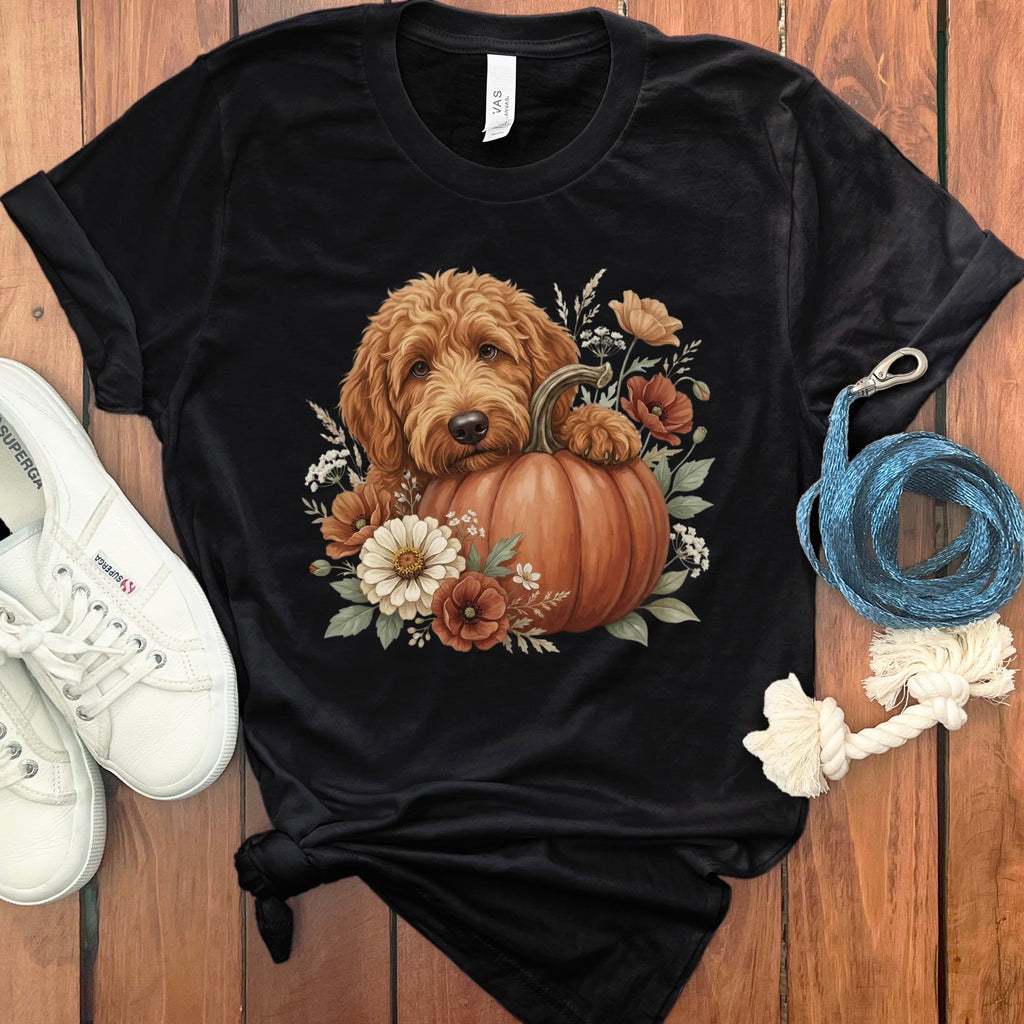 Apricot Goldendoodle Pumpkin Hug T-Shirt in Black / S by Puppy Jo
