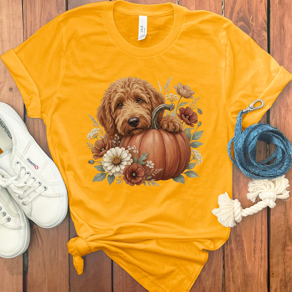 Apricot Goldendoodle Pumpkin Hug T-Shirt in Gold / S by Puppy Jo