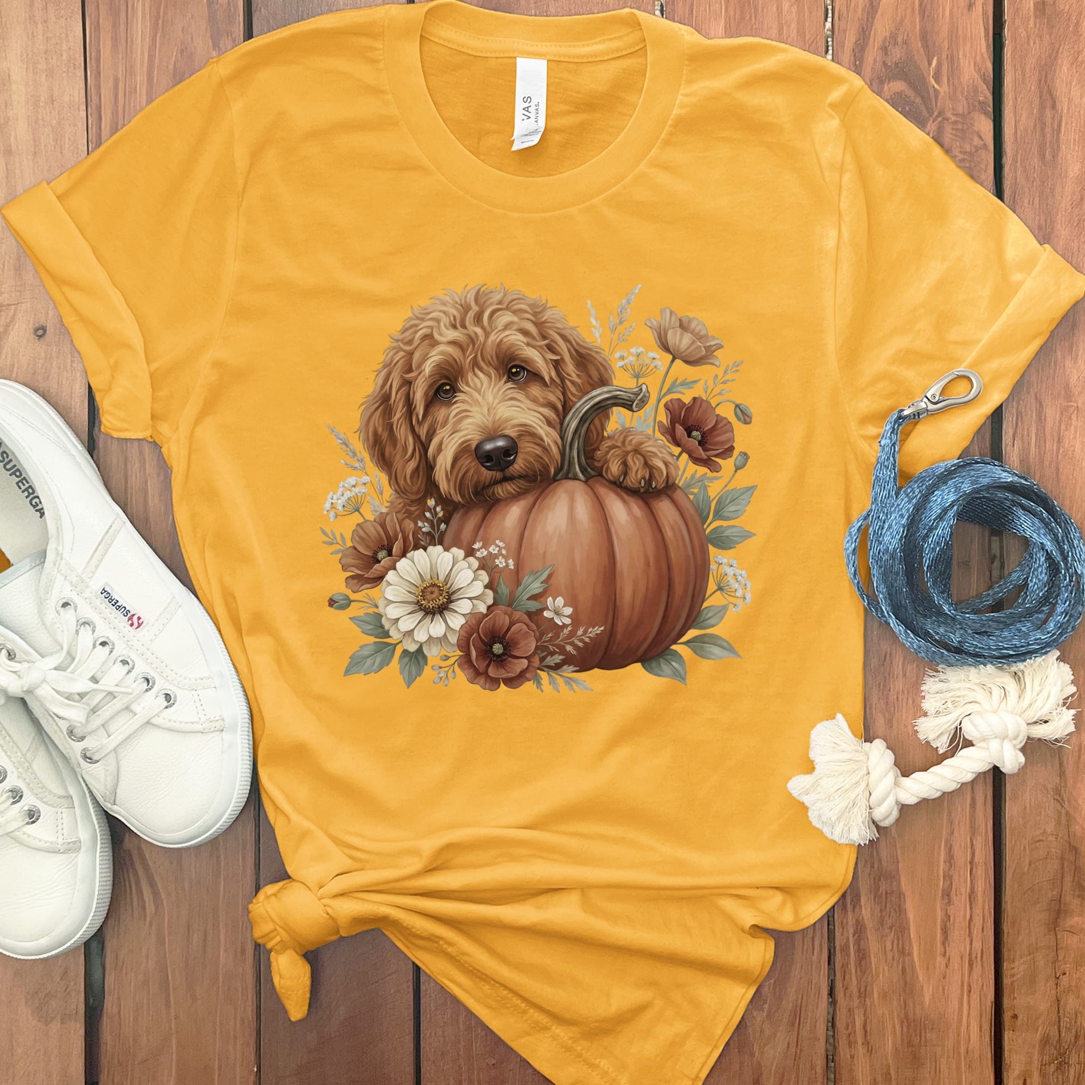 Apricot Goldendoodle Pumpkin Hug T-Shirt in Gold / S by Puppy Jo