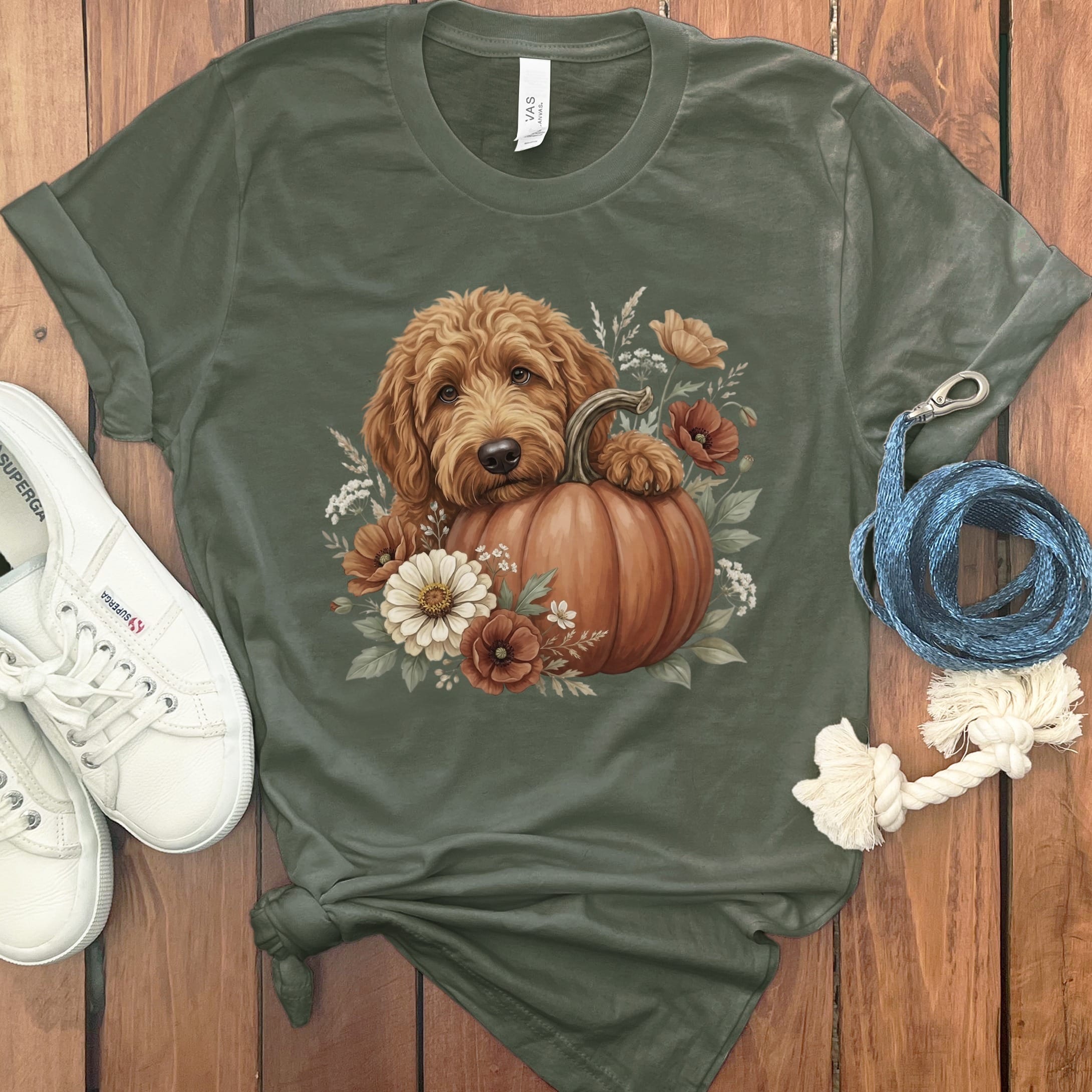 Apricot Goldendoodle Pumpkin Hug T-Shirt in Military Green / S by Puppy Jo
