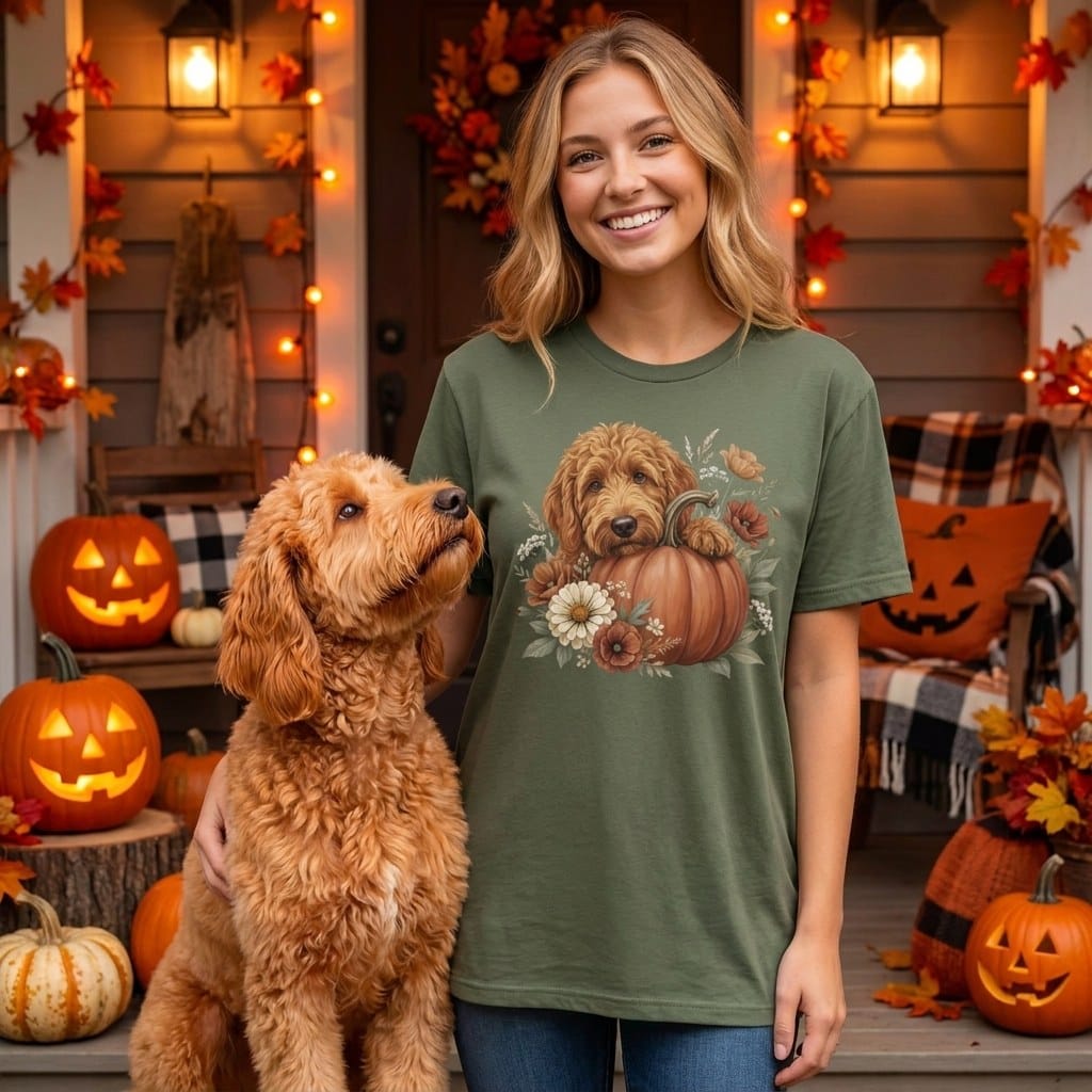 Apricot Goldendoodle Pumpkin Hug T-Shirt in by Puppy Jo