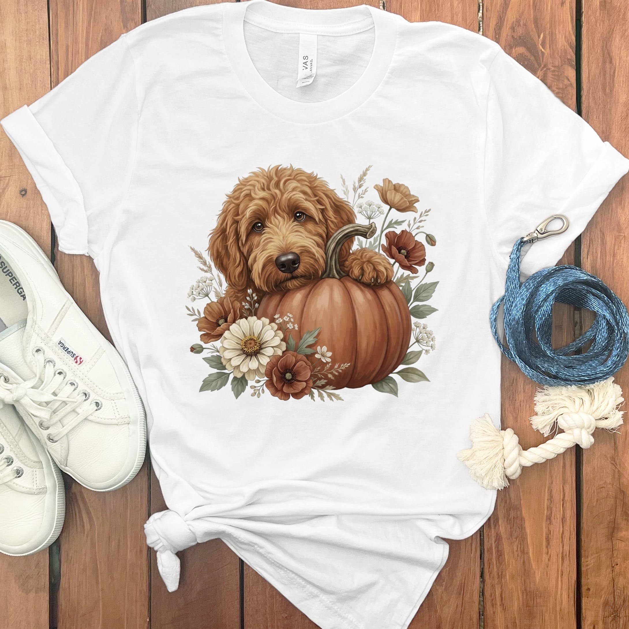 Apricot Goldendoodle Pumpkin Hug T-Shirt in White / S by Puppy Jo