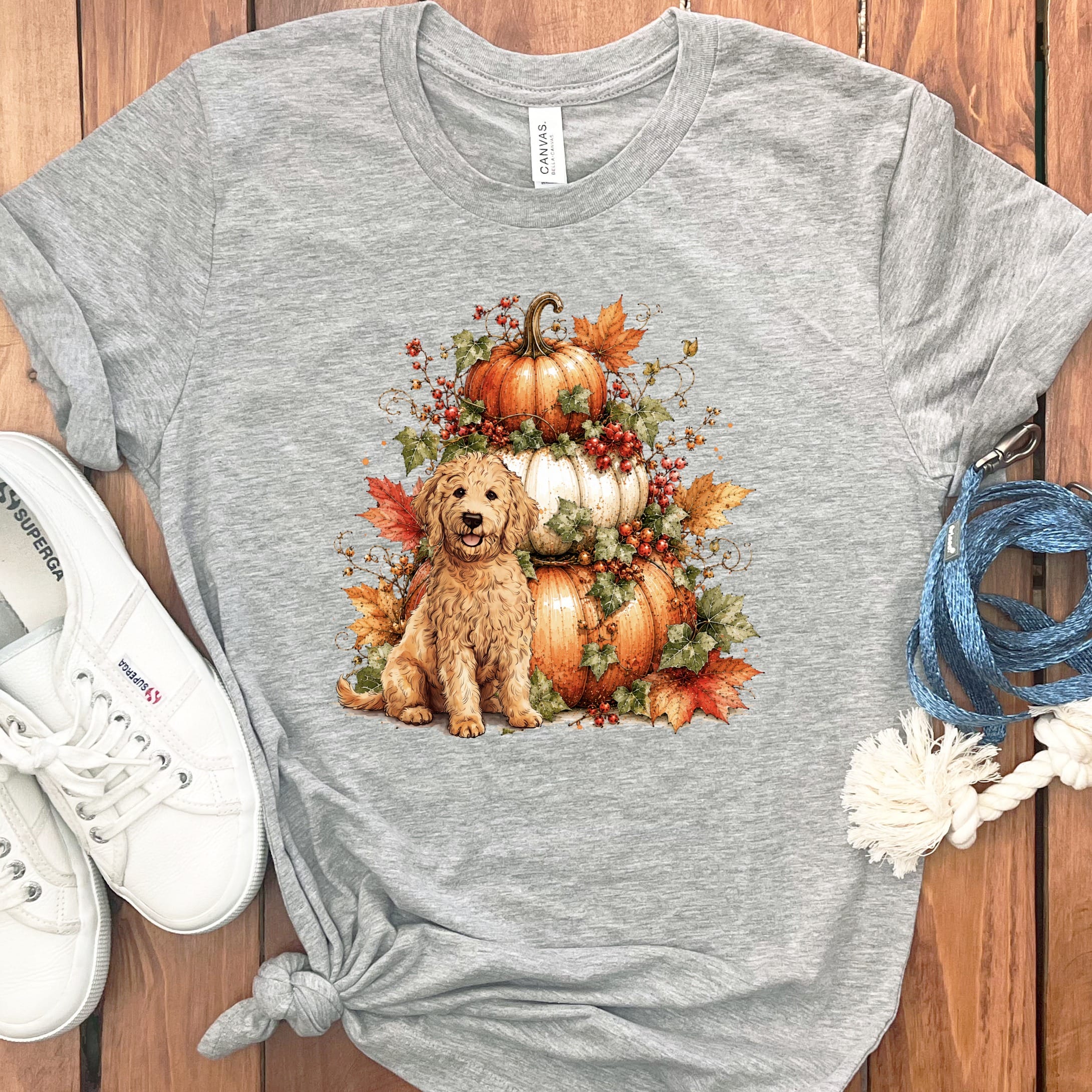 Apricot Goldendoodle Pumpkin Ivy T-Shirt in Athletic Heather / S by Puppy Jo