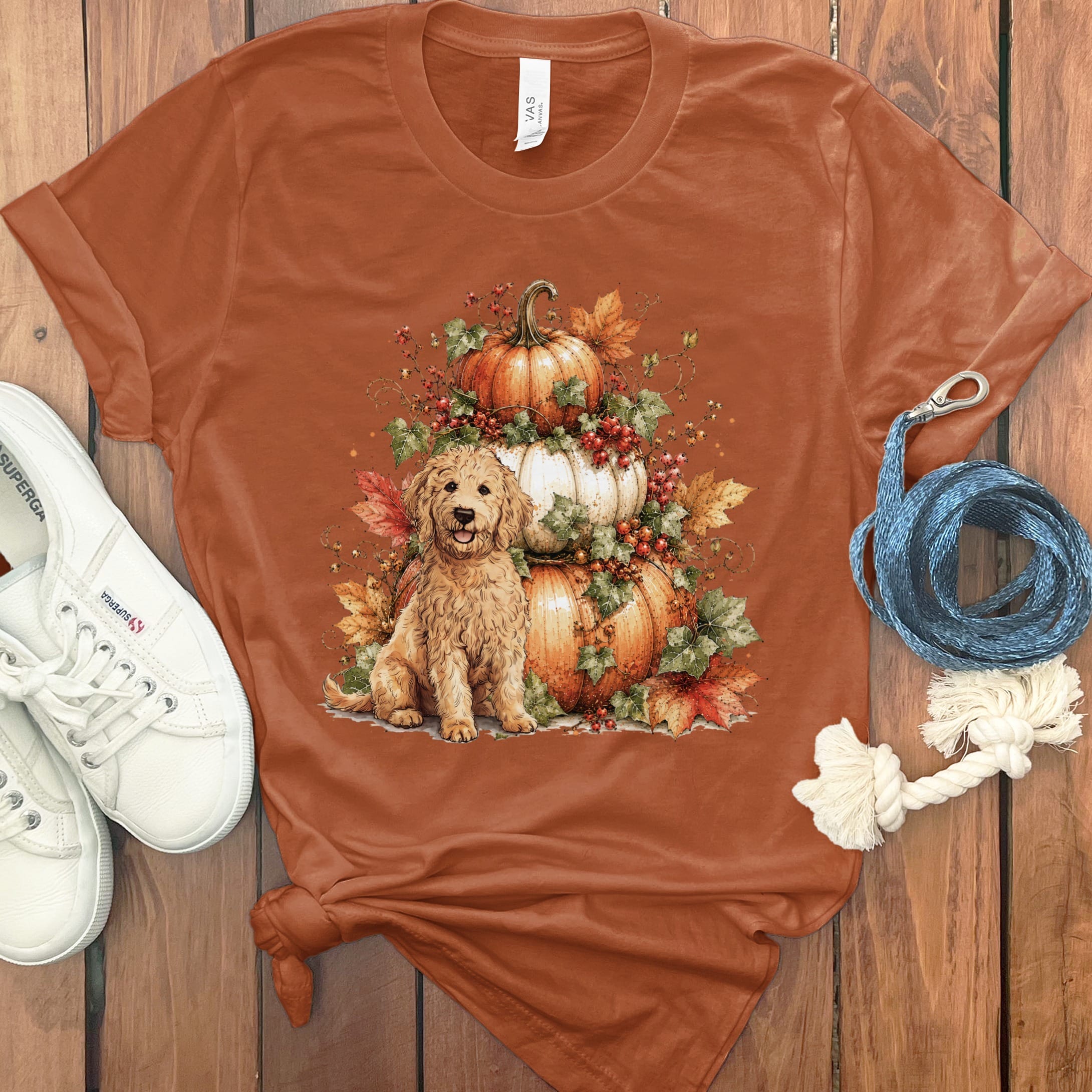 Apricot Goldendoodle Pumpkin Ivy T-Shirt in Autumn / S by Puppy Jo