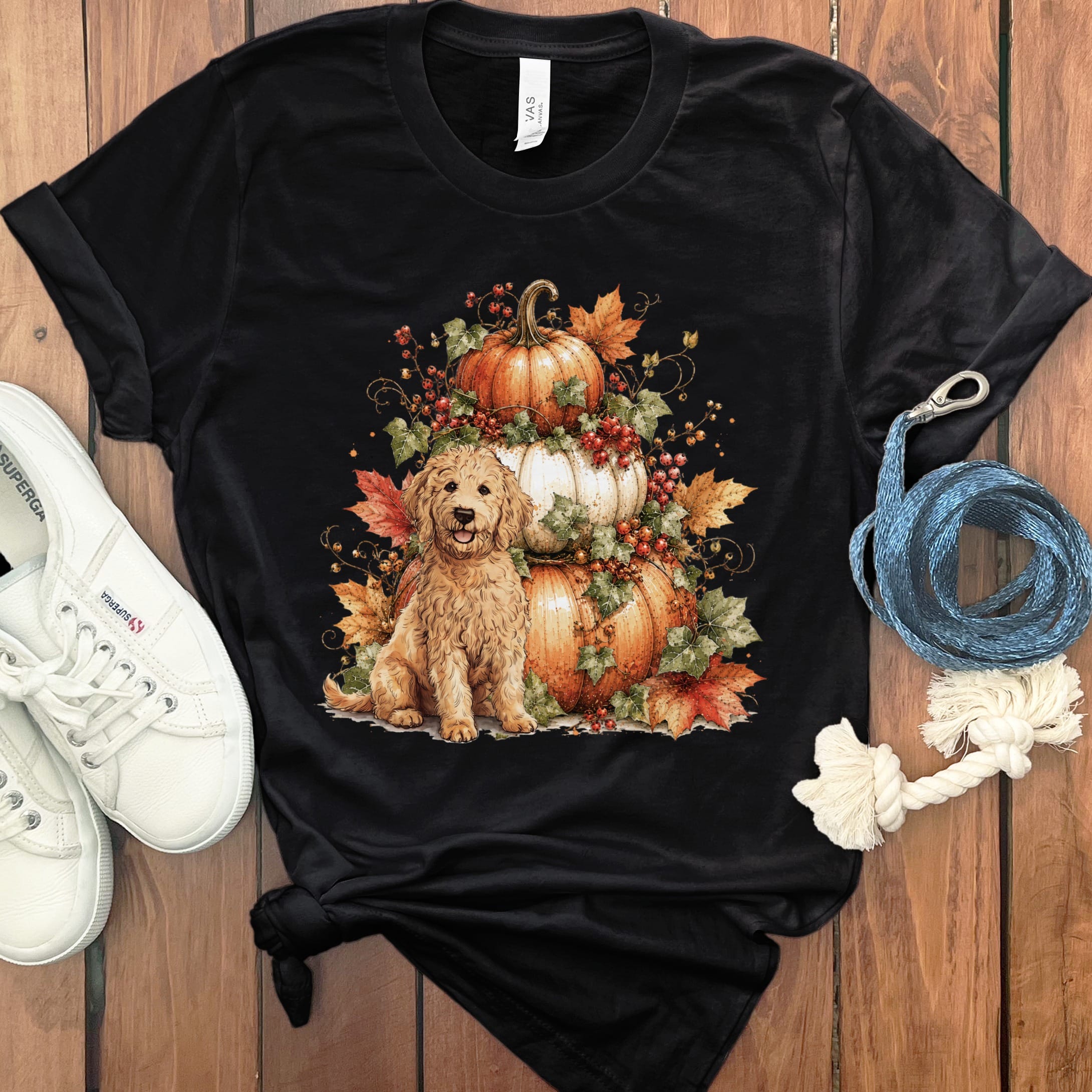 Apricot Goldendoodle Pumpkin Ivy T-Shirt in Black / S by Puppy Jo