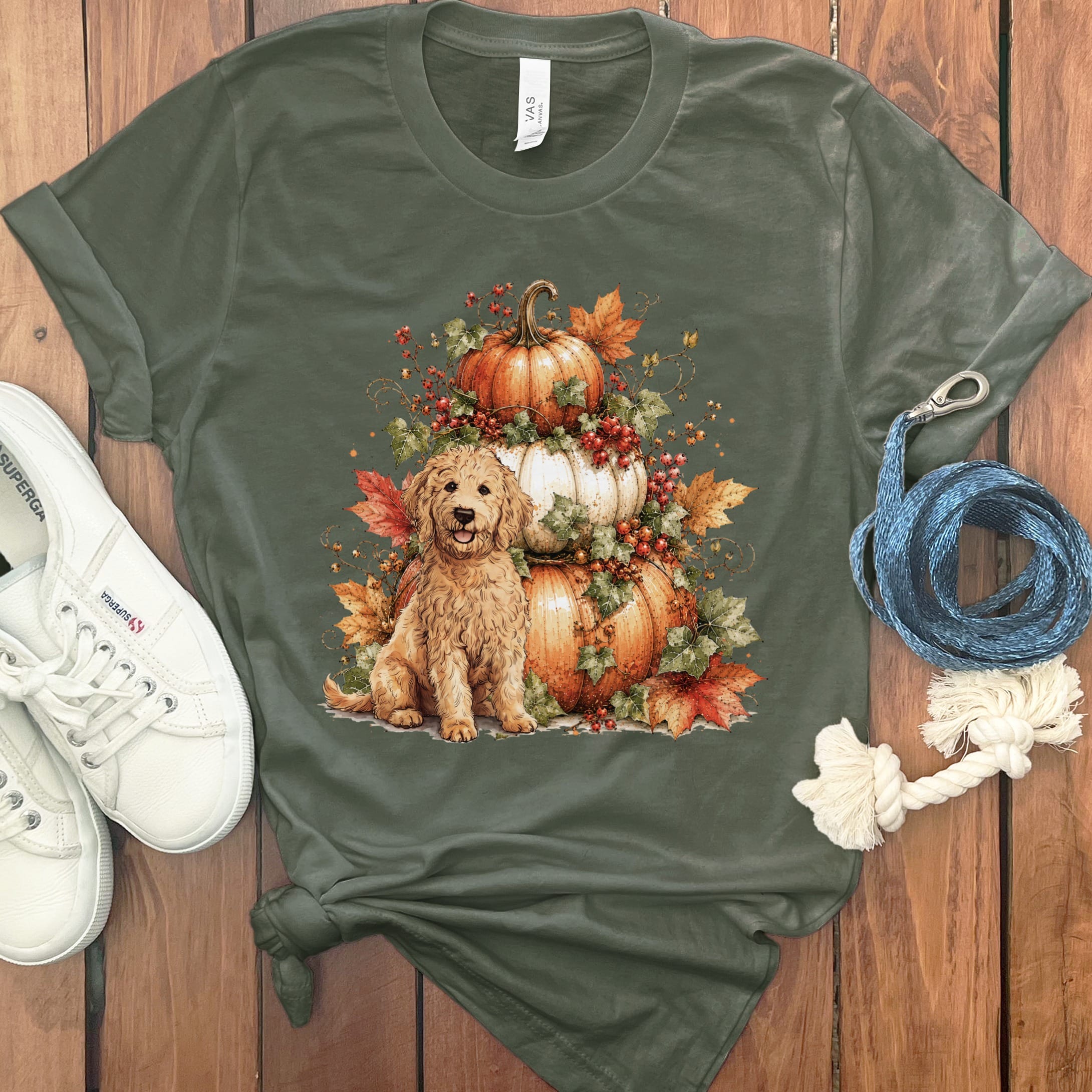 Apricot Goldendoodle Pumpkin Ivy T-Shirt in Military Green / S by Puppy Jo