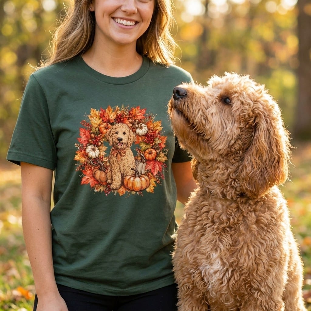 Apricot Goldendoodle Pumpkin Ivy T-Shirt in by Puppy Jo
