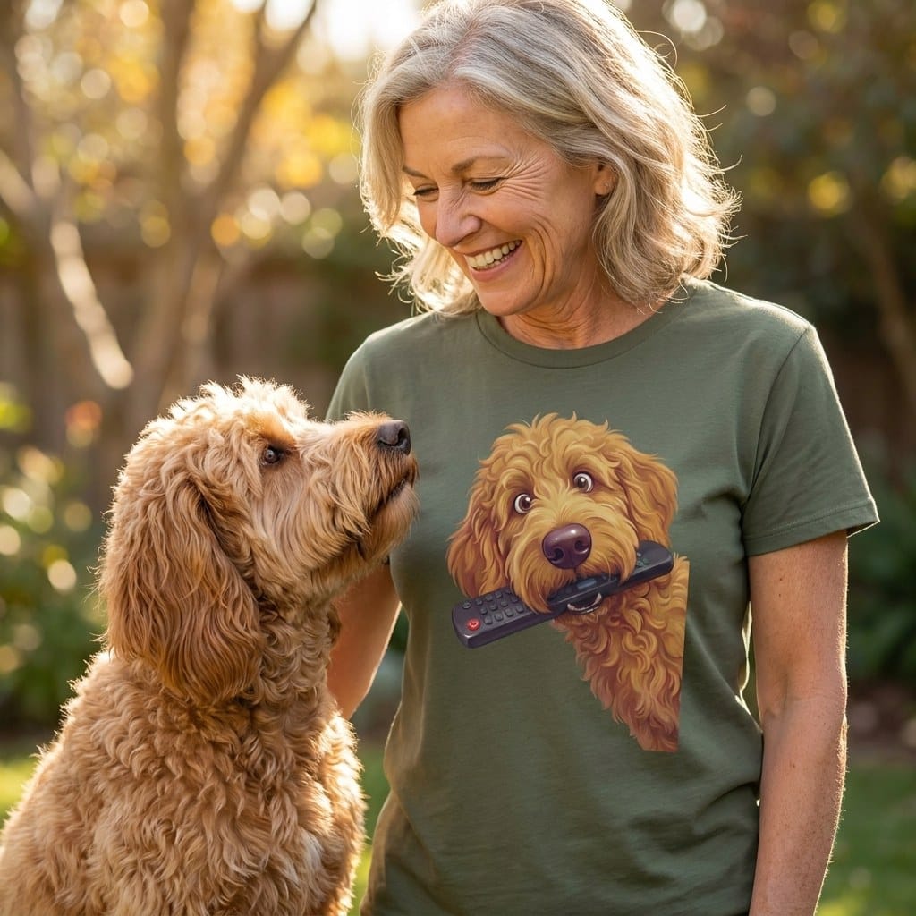 Apricot Goldendoodle Remote T-Shirt in by Puppy Jo