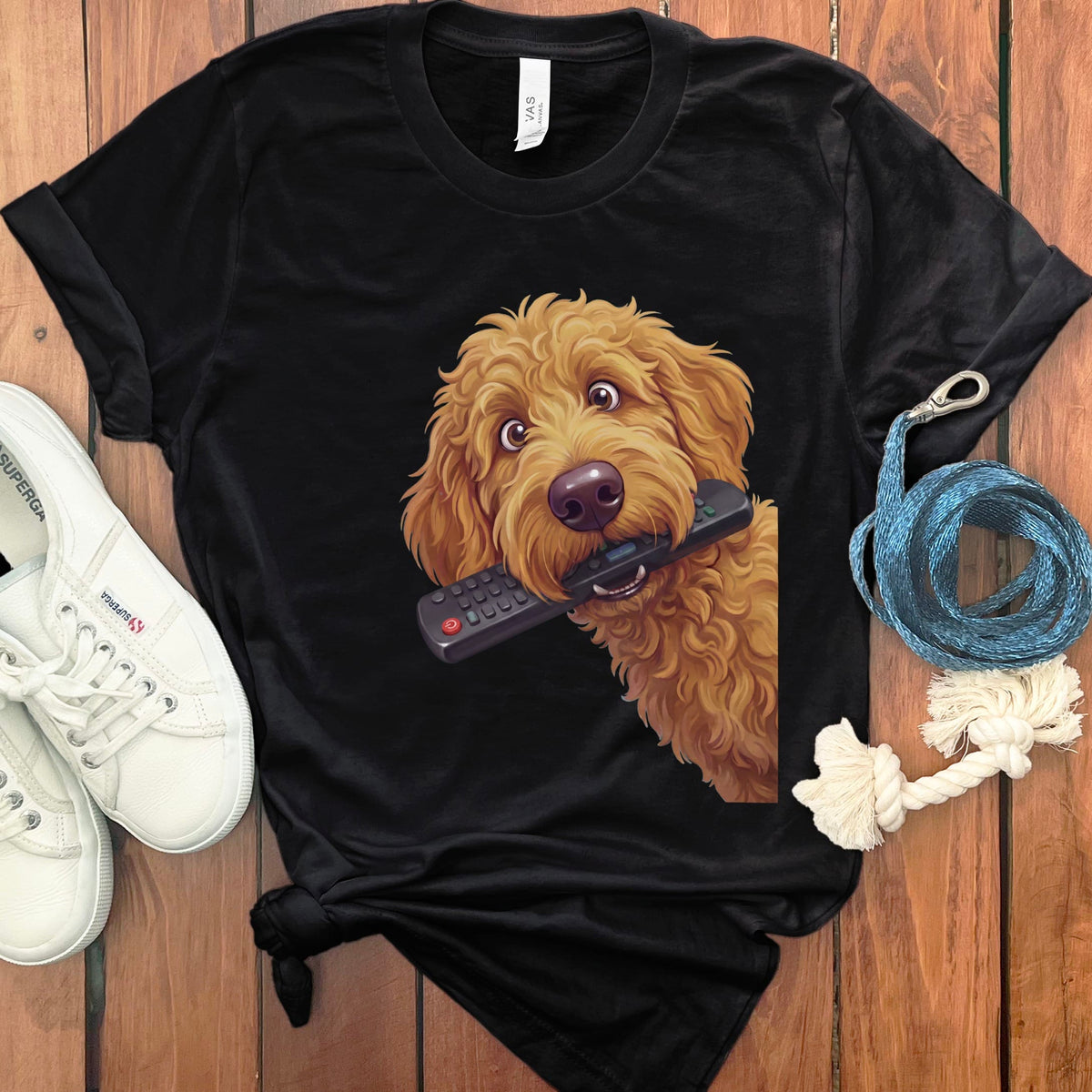 Apricot Goldendoodle Remote T-Shirt in S / Black by Puppy Jo
