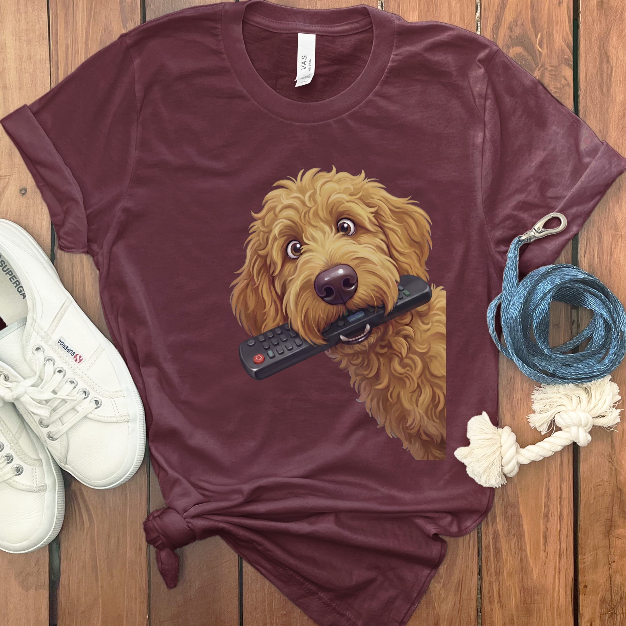 Apricot Goldendoodle Remote T-Shirt in S / Maroon by Puppy Jo