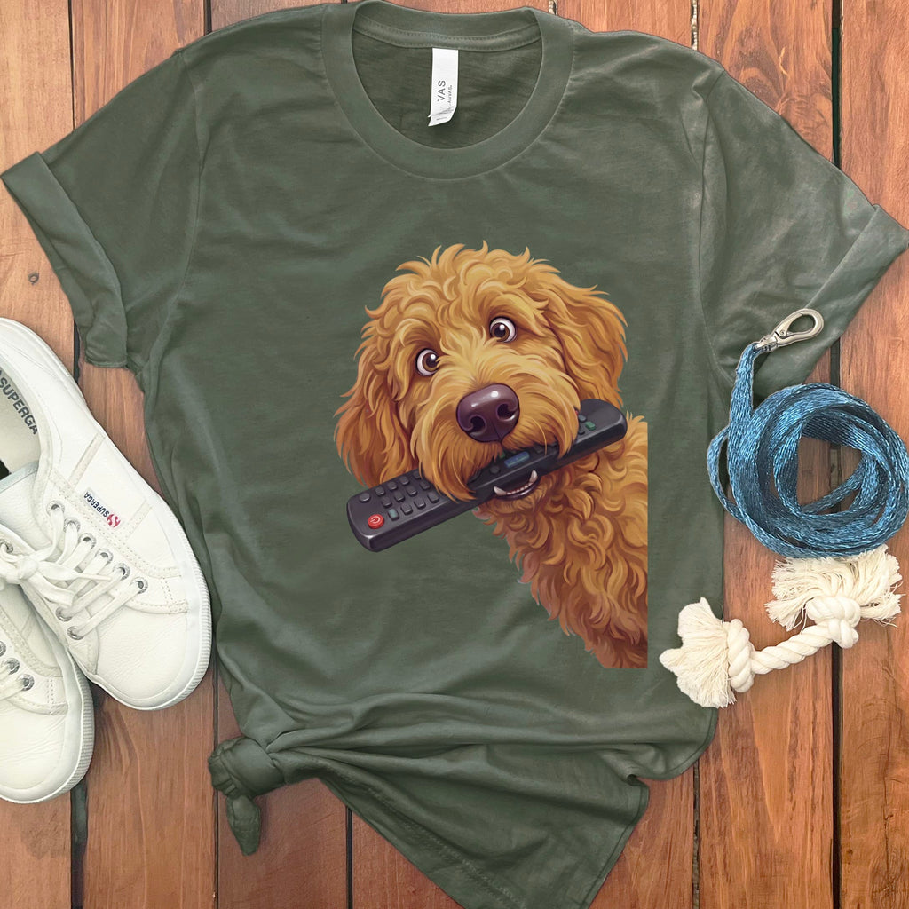 Apricot Goldendoodle Remote T-Shirt in S / Military Green by Puppy Jo