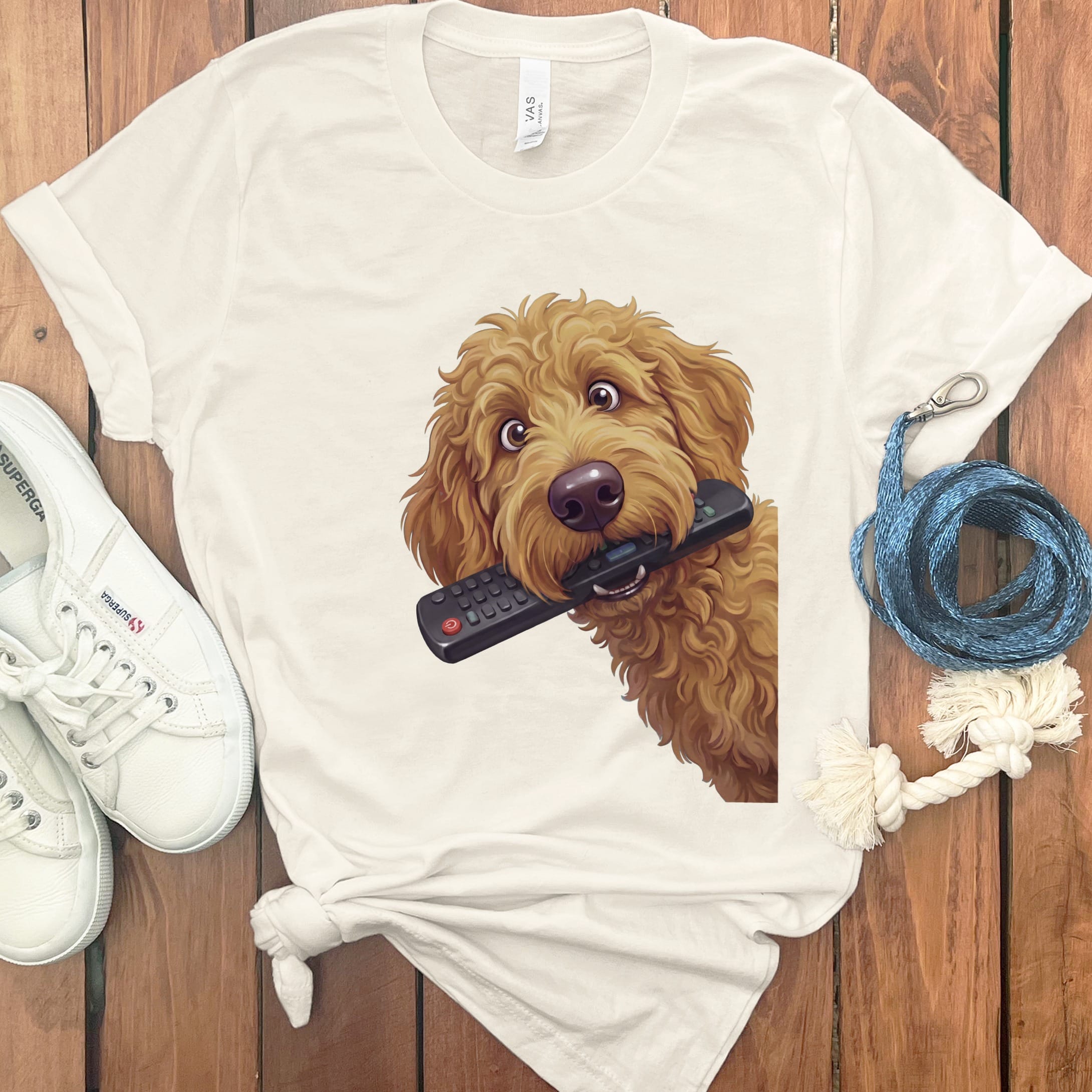 Apricot Goldendoodle Remote T-Shirt in S / Natural by Puppy Jo