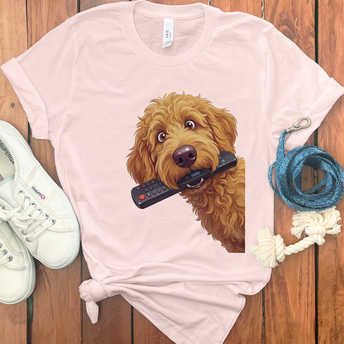 Apricot Goldendoodle Remote T-Shirt in S / Soft Pink by Puppy Jo