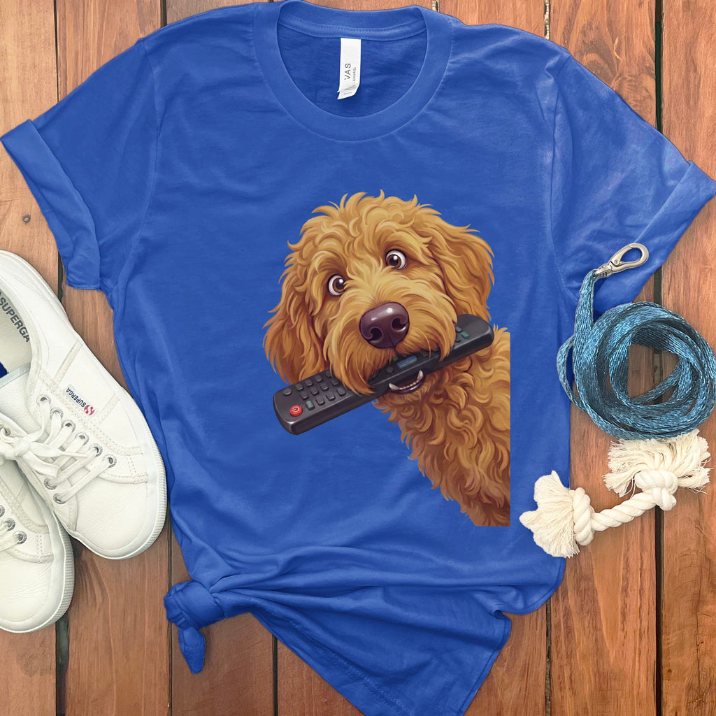 Apricot Goldendoodle Remote T-Shirt in S / True Royal by Puppy Jo