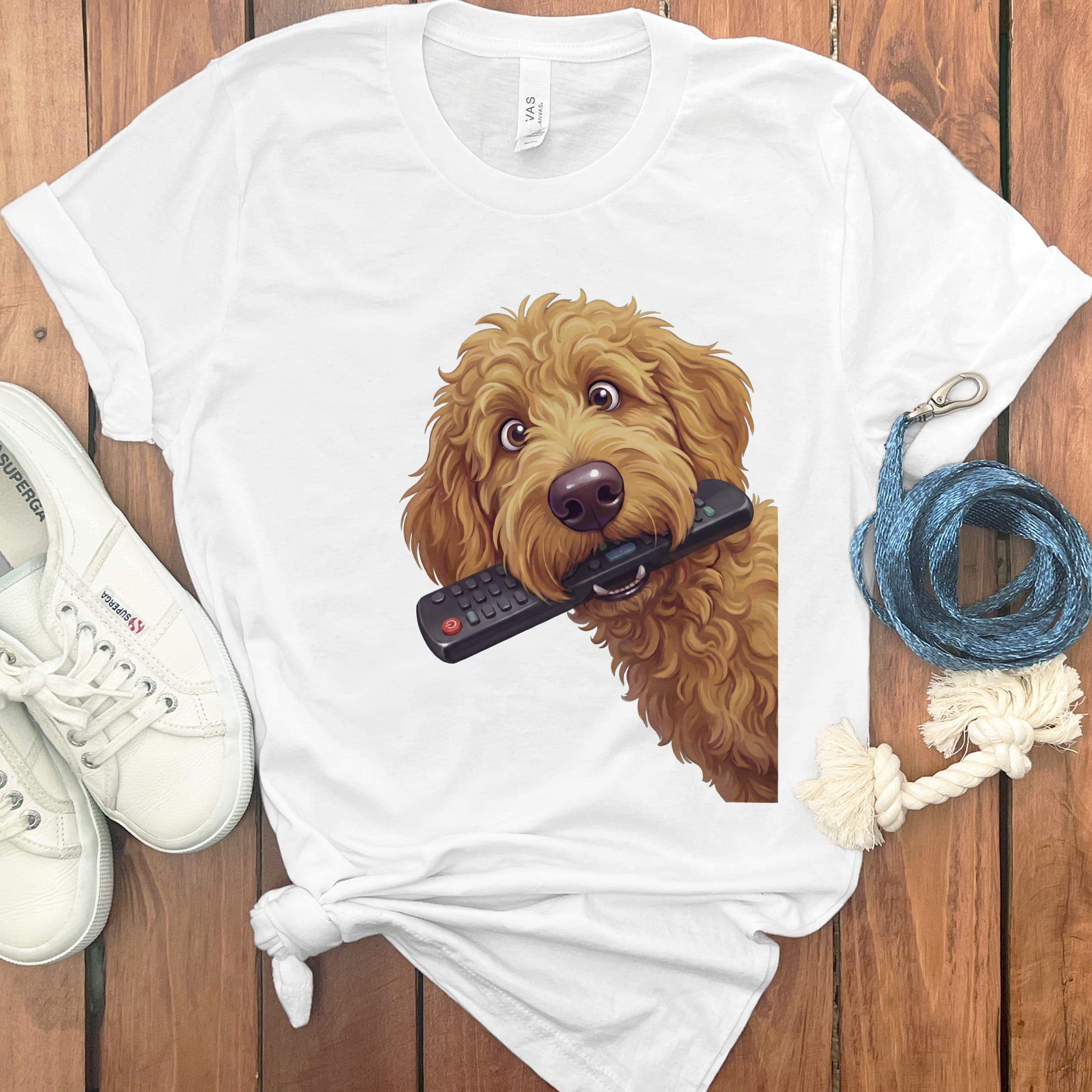 Apricot Goldendoodle Remote T-Shirt in S / White by Puppy Jo