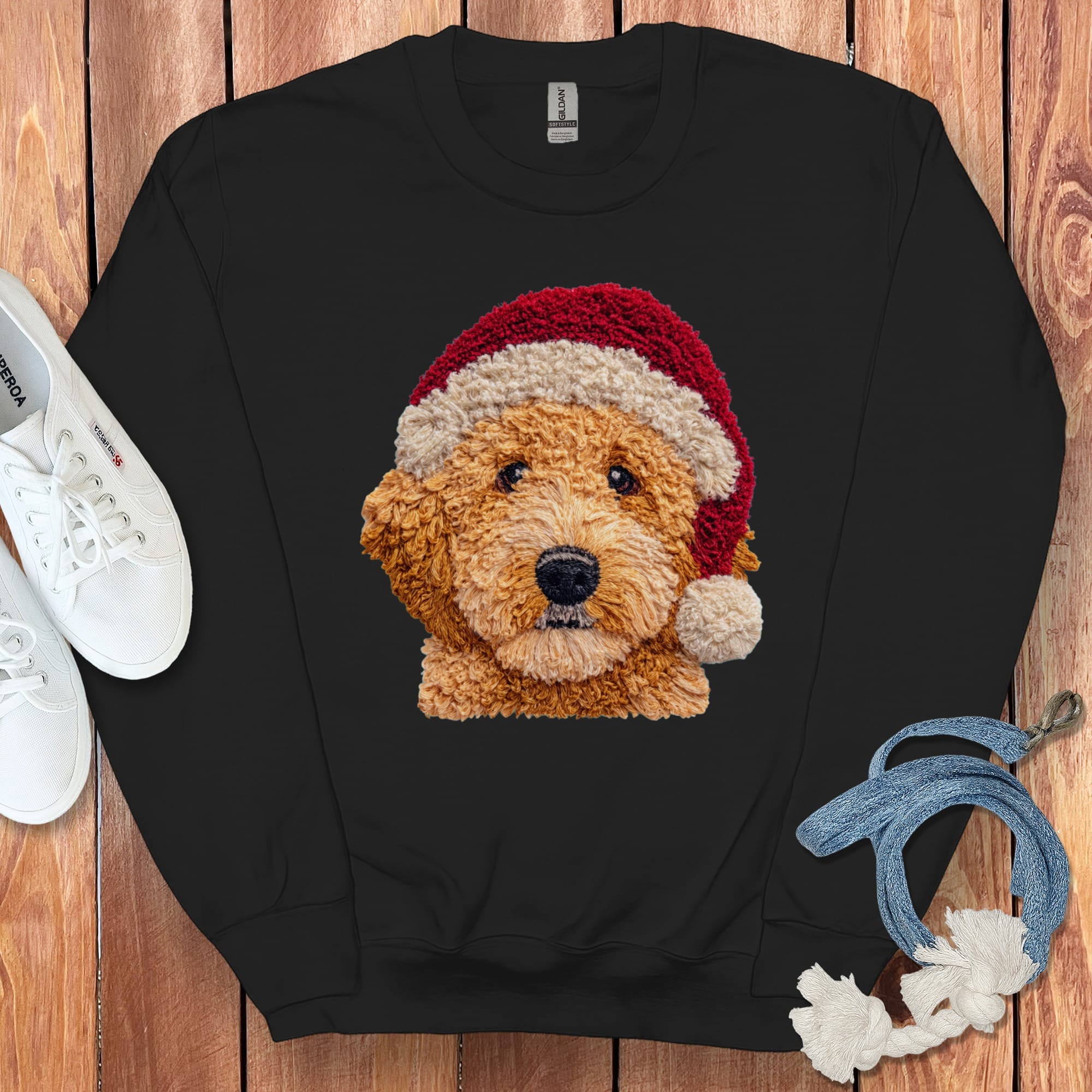 Apricot Goldendoodle Santa Faux Yarn Sweatshirt in Black / S by Puppy Jo