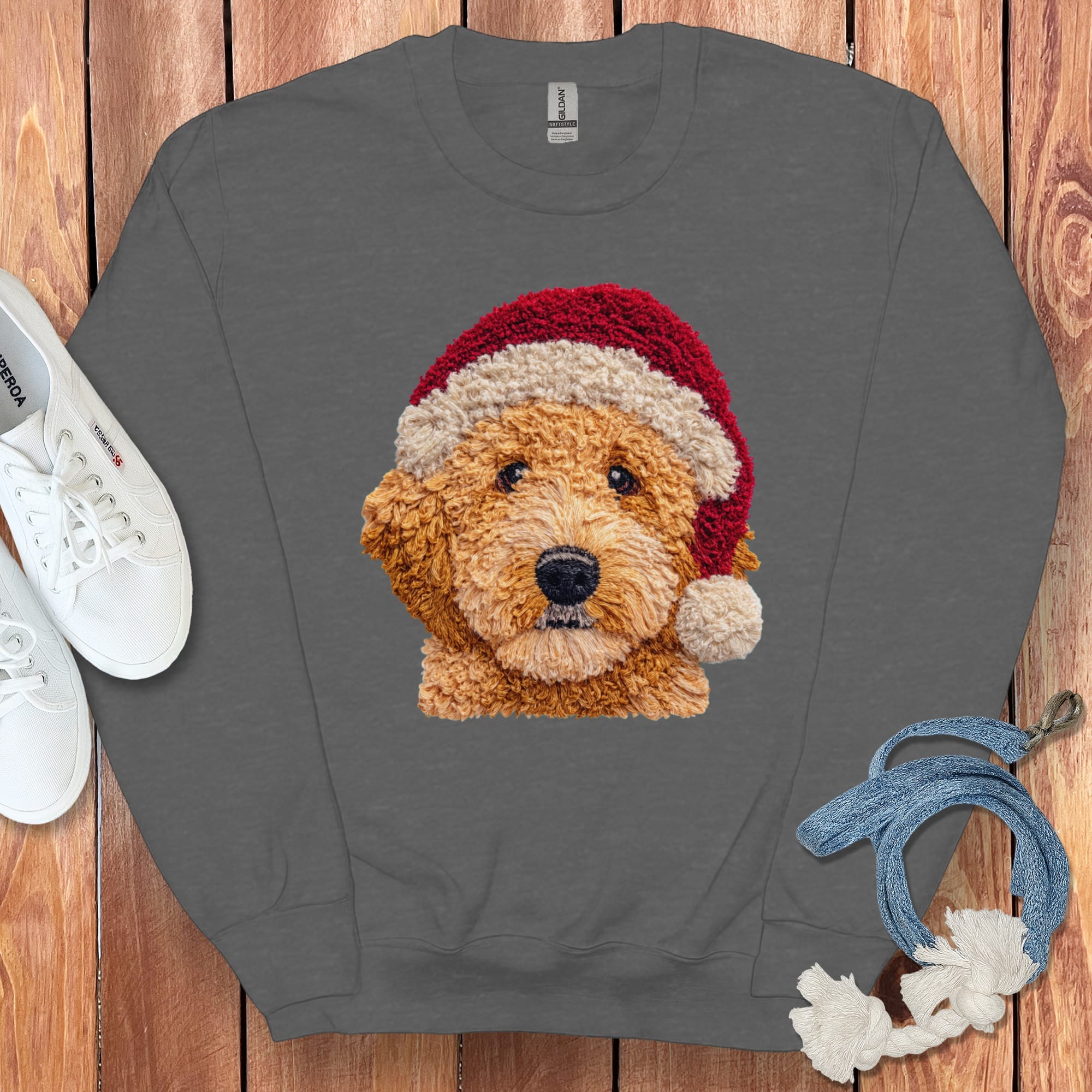 Apricot Goldendoodle Santa Faux Yarn Sweatshirt in Dark Heather / S by Puppy Jo